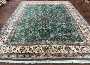 Indo Persian Sarouk Rug 8 x 9.6, Hand Knotted Vintage Wool Carpet, Green and Cream