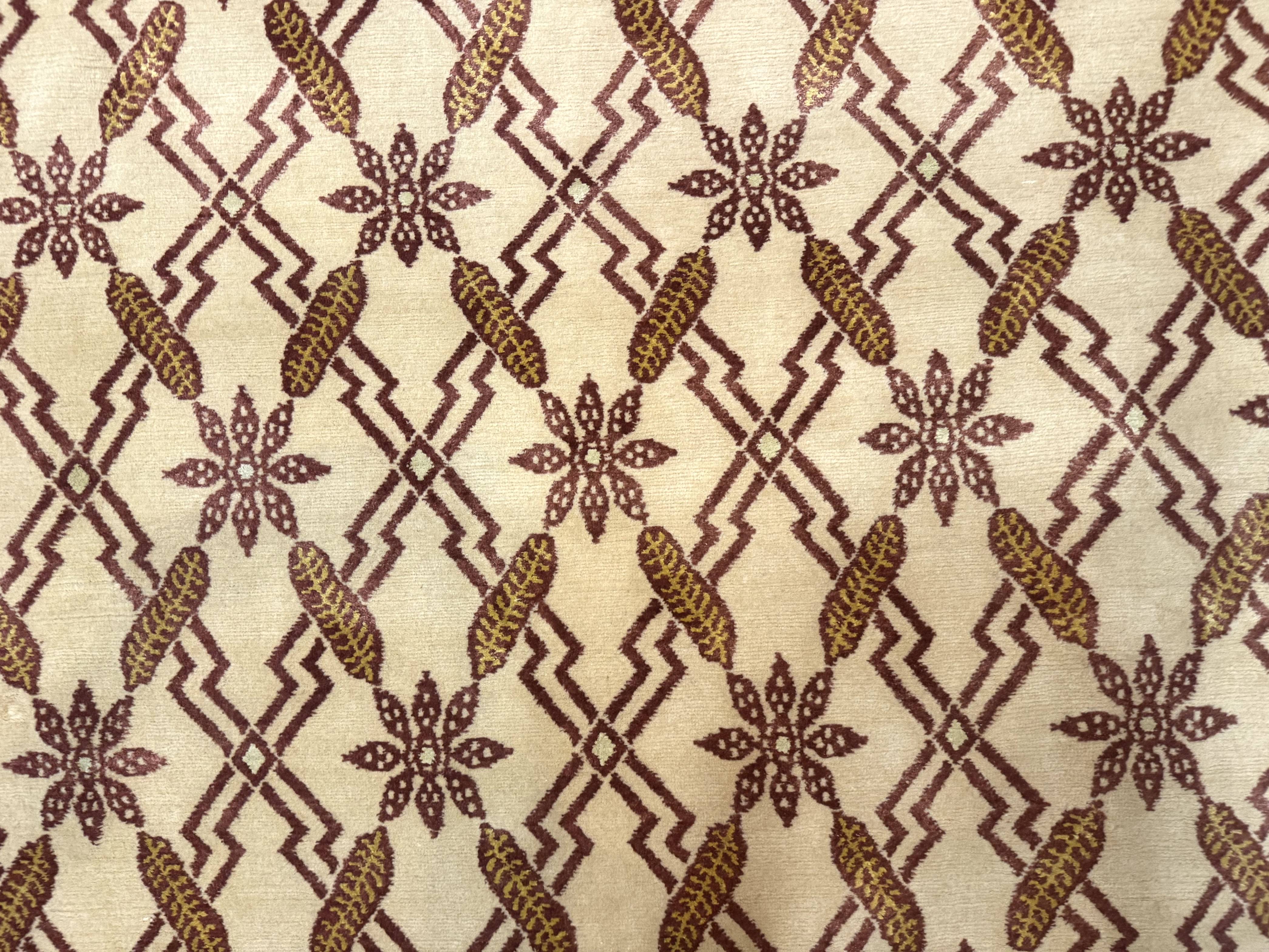 Tibetan Rug 8x10, Wool with Silk Highlights, Beige and Maroon, Contemporary Carpet - Jewel Rugs