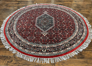 Round Rug 8x8 ft, Indo Persian Bidjar Rug, Indian Rug 8 x 8, Red & Black, Hand Knotted Round Rug, Vintage Rug, Mahi Herati Wool Rug