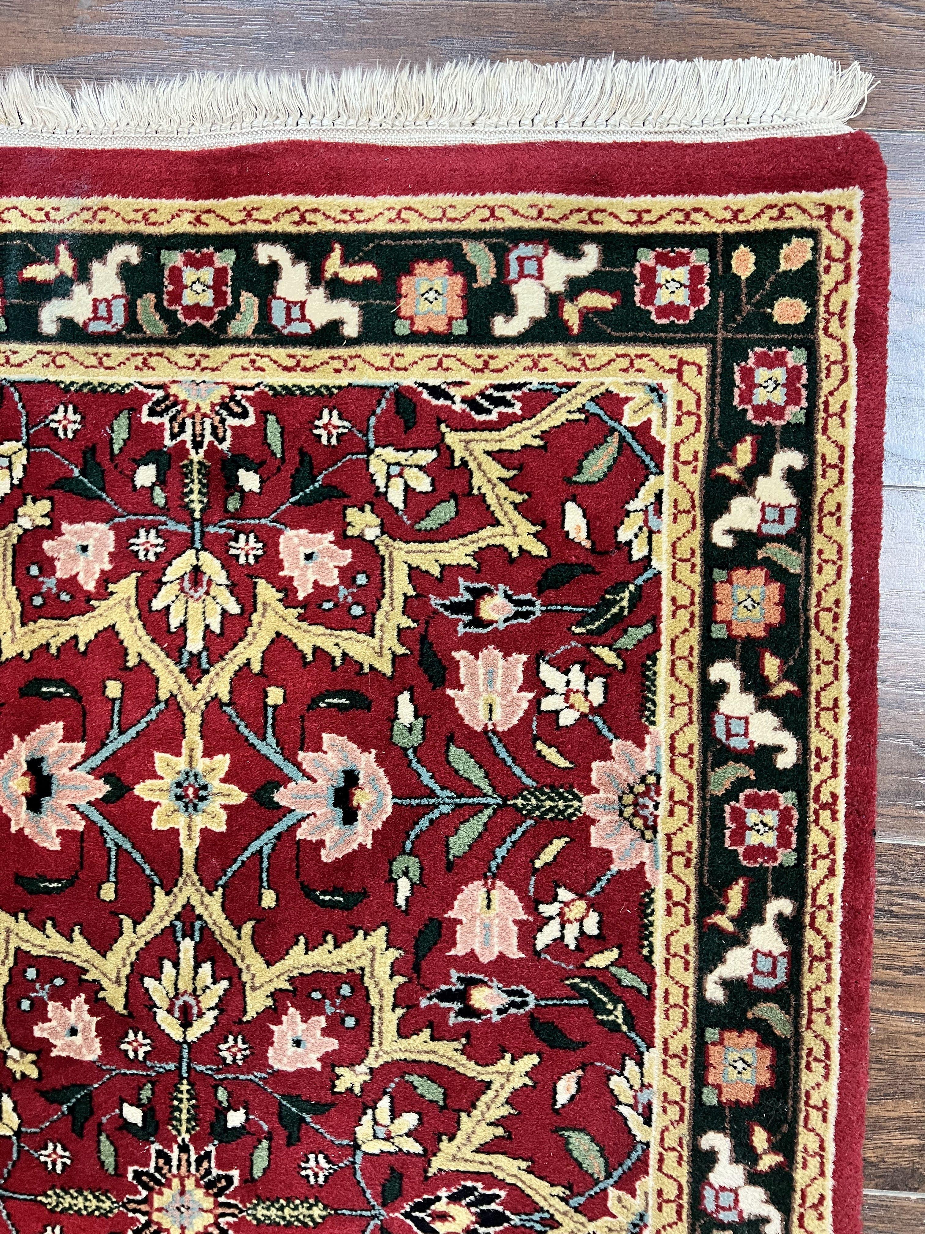 Indo Sarouk Runner Rug 2.6 x 10 ft, Floral Hand Knotted Wool Handmade Vintage Indian Hallway Rug, Red Tan Black, 10ft Persian Runner - Jewel Rugs