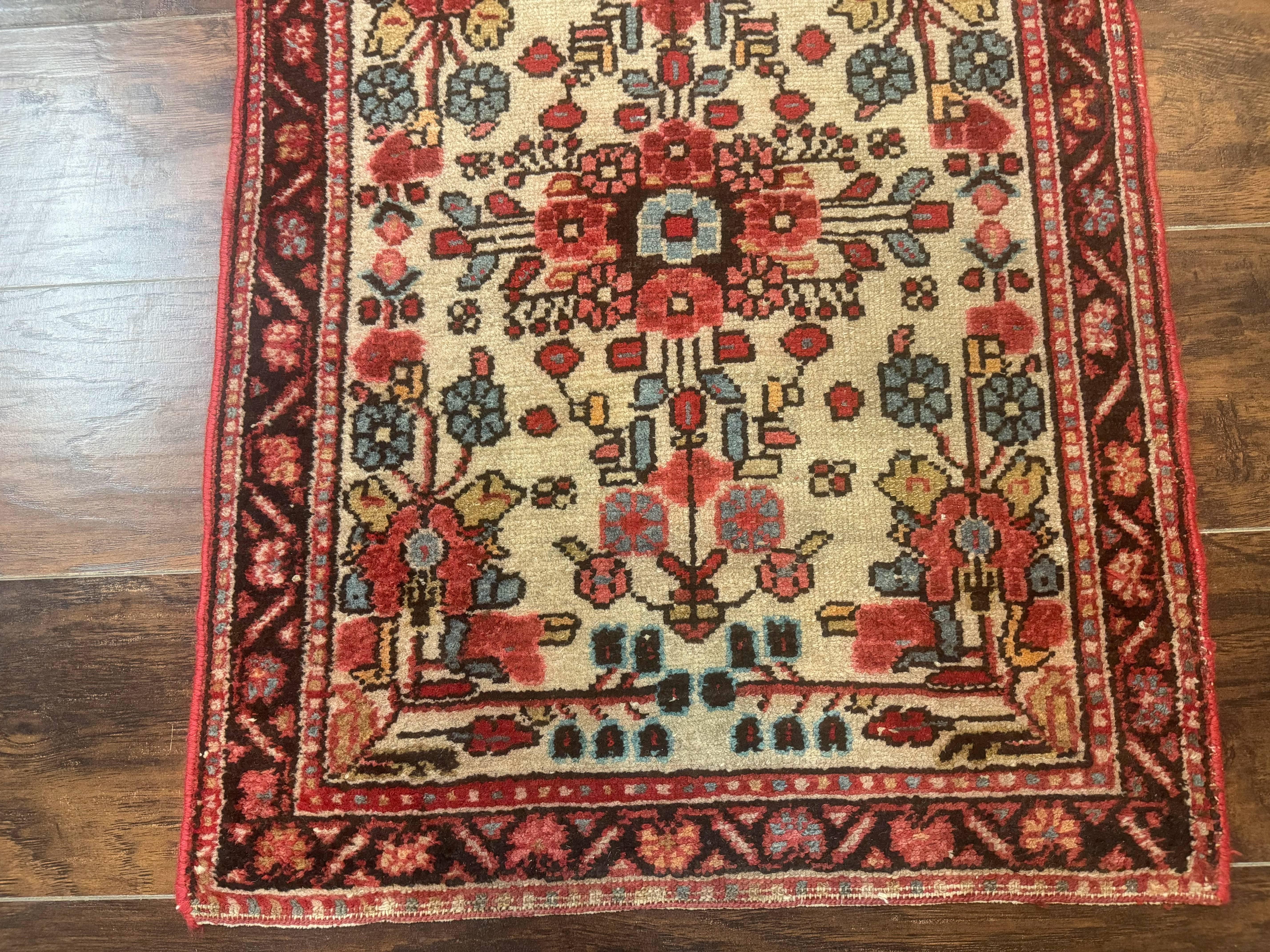 Small Antique Persian Rug 2x3, Beige and Red, Floral, Wool, Hamadan Rug - Jewel Rugs