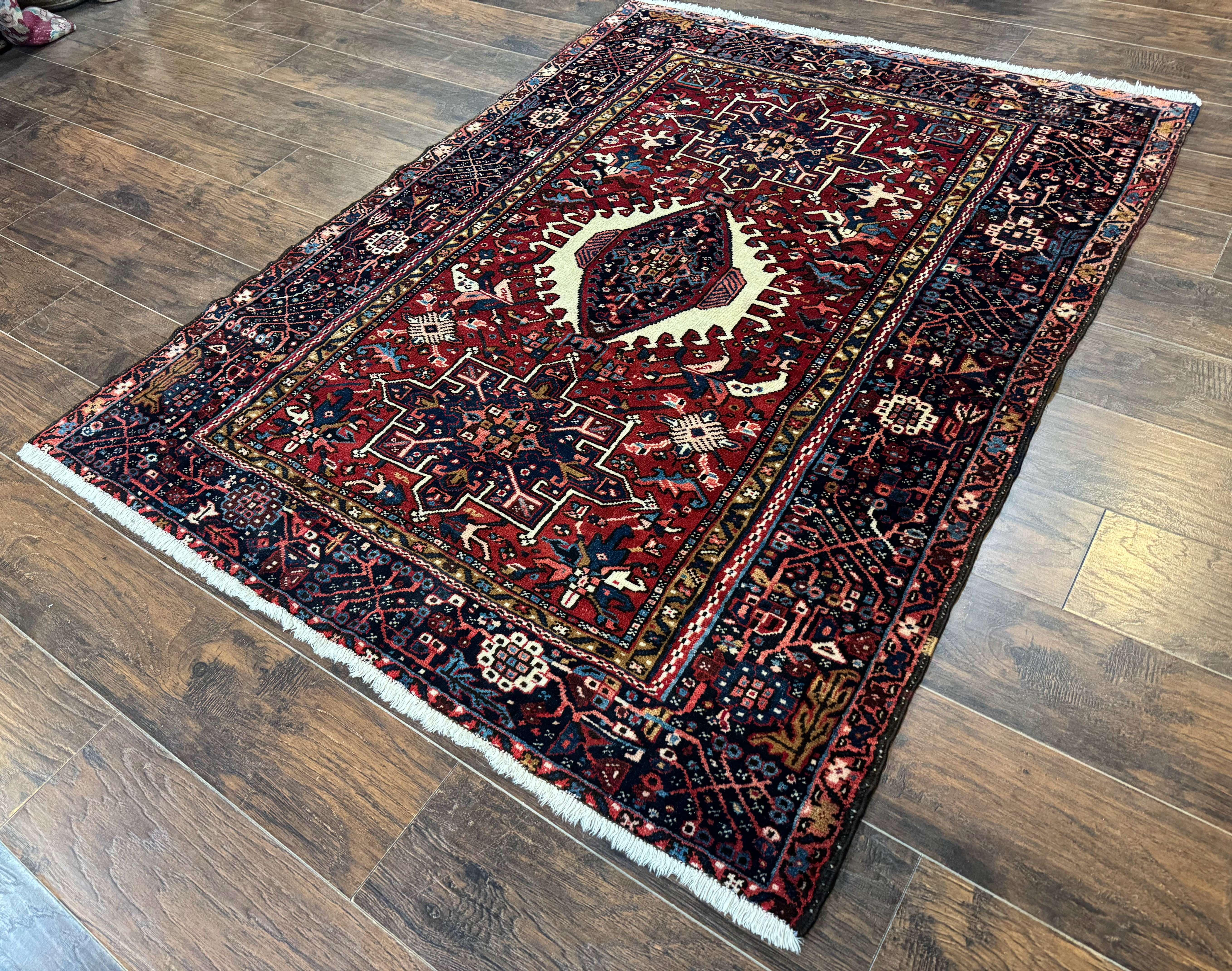 Persian Karajeh Rug 5x6, Antique Heriz Carpet, Geometric, Persian Tribal Rug, Brick Red Navy Blue - Jewel Rugs
