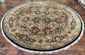 Indo Mahal Round Rug 9x9 ft, Large Circular Handmade Hand Knotted Area Rug, Red Midnight Blue Beige Wool Indian Oriental Carpet, Traditional