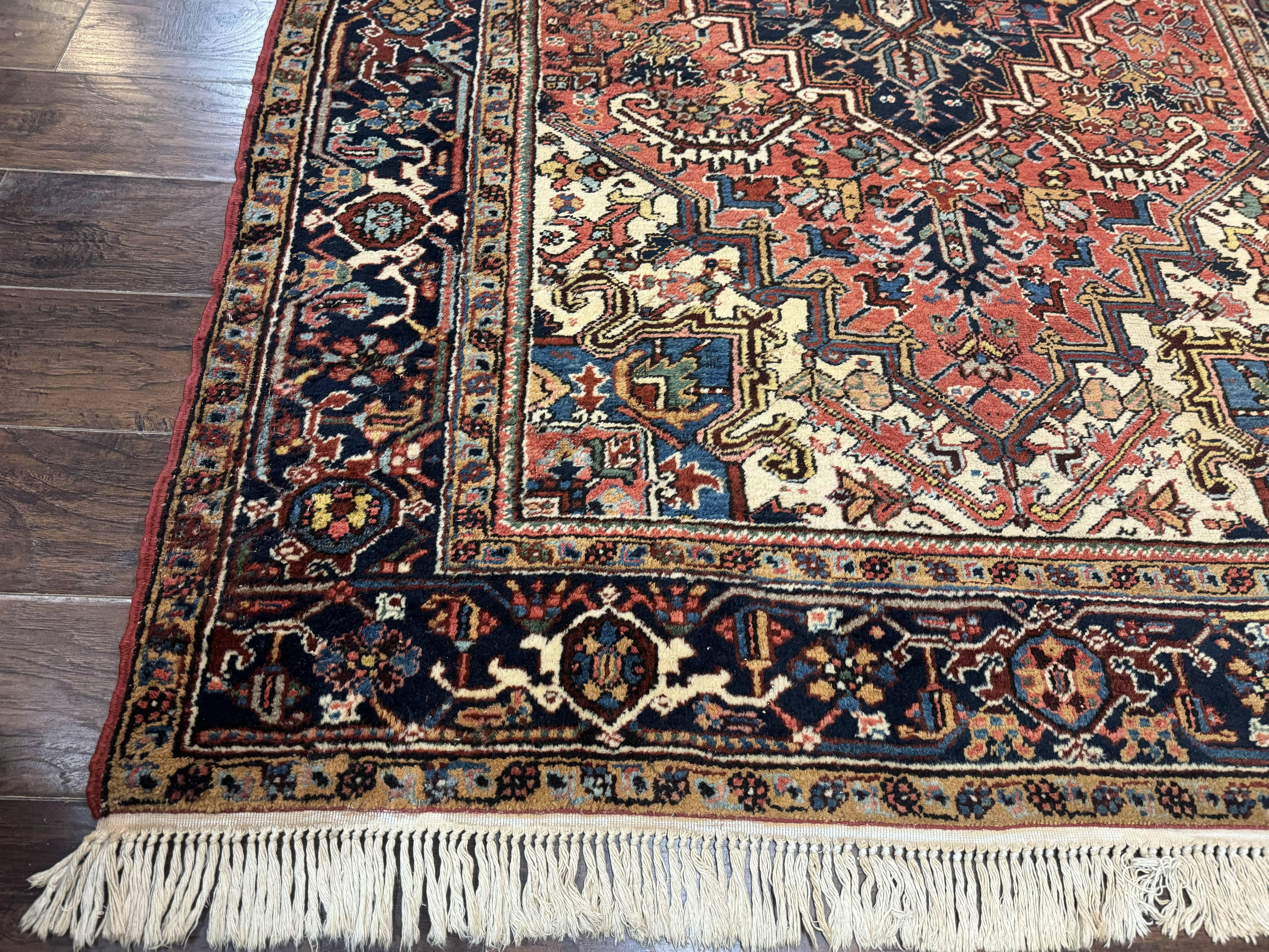 Antique Persian Heriz Rug 6x9, Red Navy Blue, Wool, Geometric Medallion - Jewel Rugs