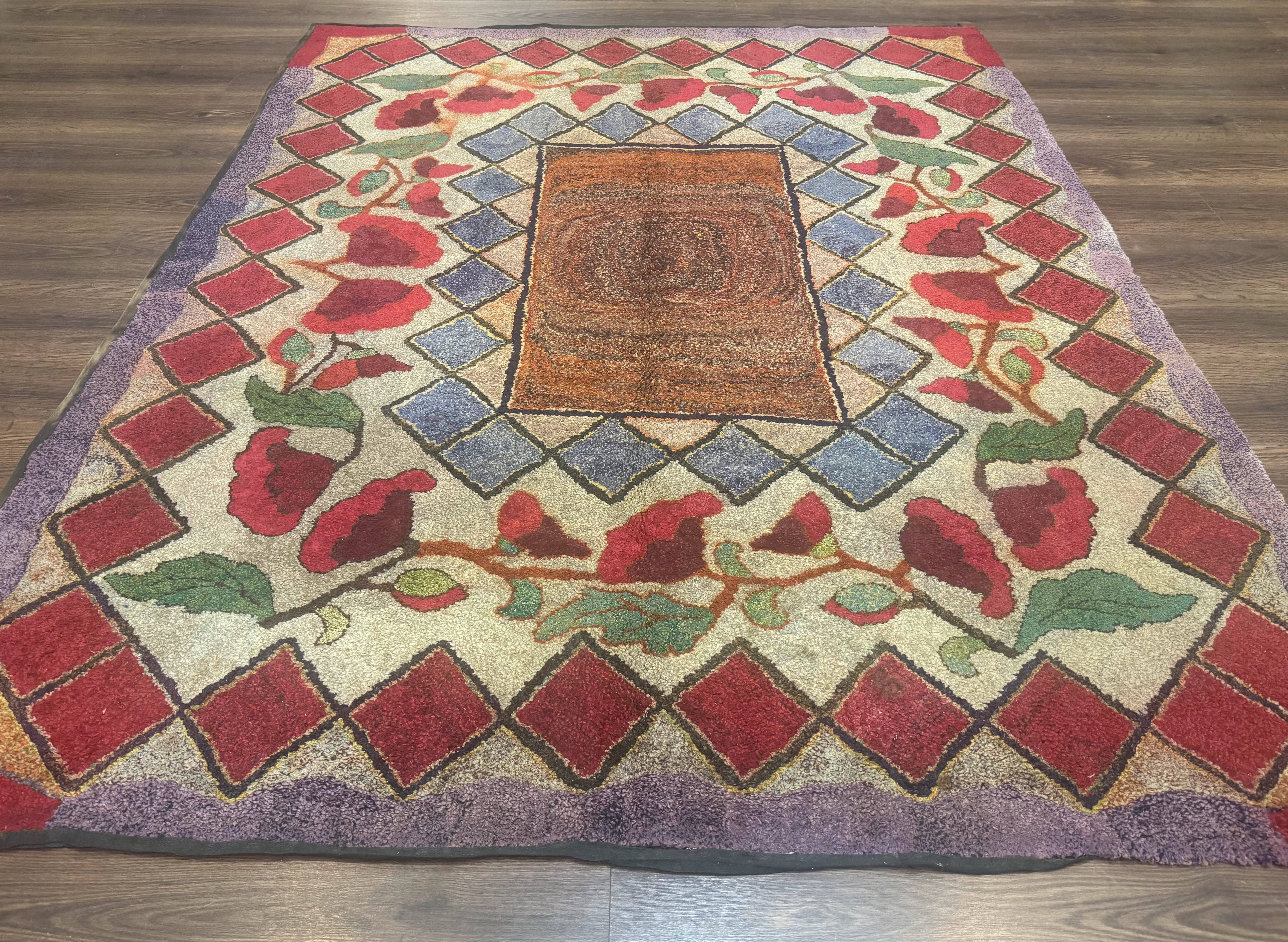 Vintage American Hooked Rug 6x7, Unique Colors, Red Lavender Cream, Abstract - Jewel Rugs