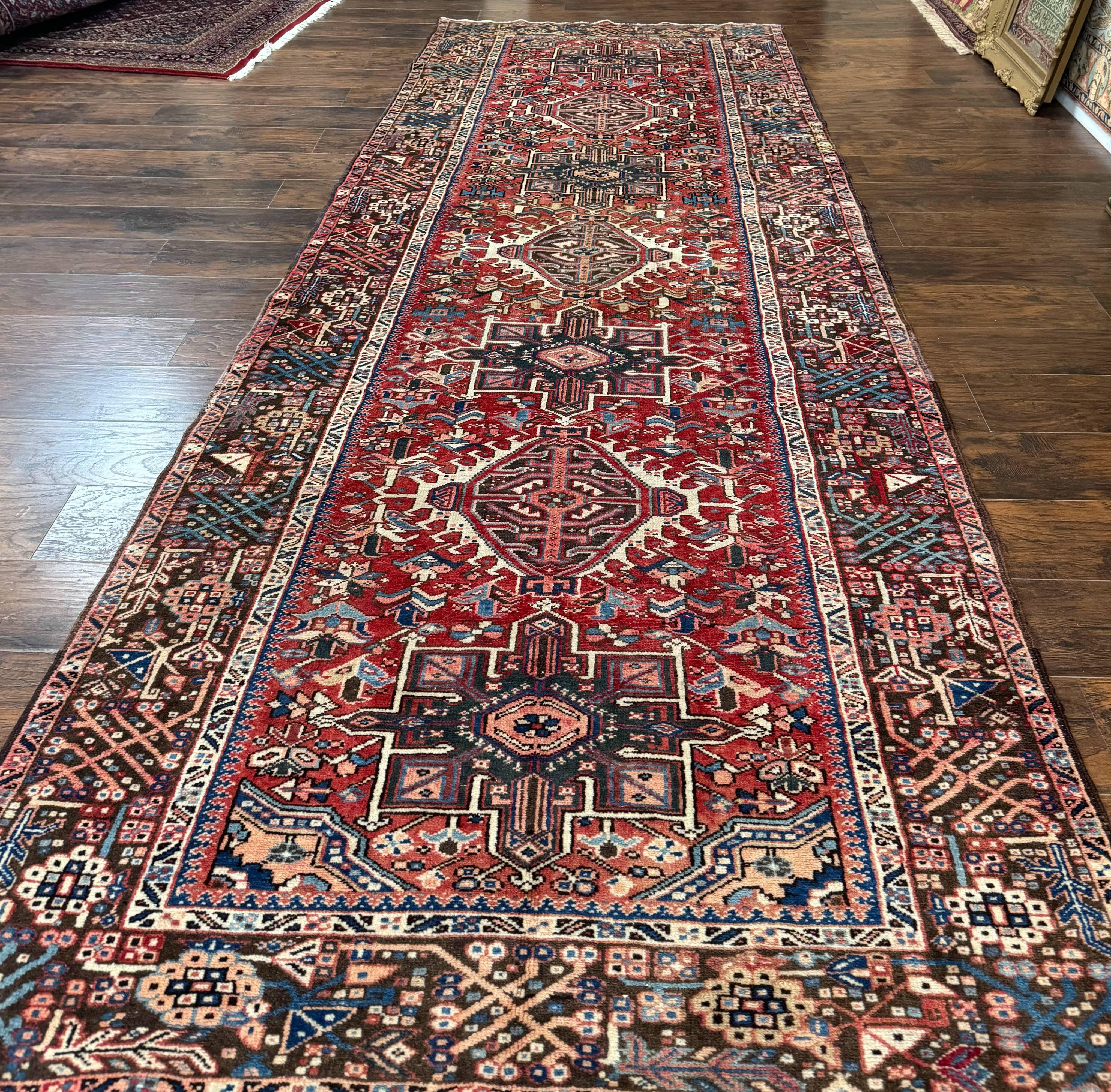 Perisan Heriz Rug 5x13, Wide Runner Rug, Geometric Medallions Tribal Carpet, Antique, Red, Rare Size, Wool Handmade Runner - Jewel Rugs