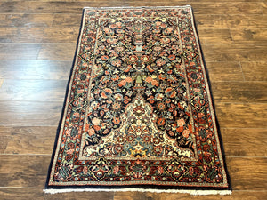 Persian Saoruk Rug 4x5, Navy Blue and Red, Floral, Antique Persian Wool Carpet, Handmade