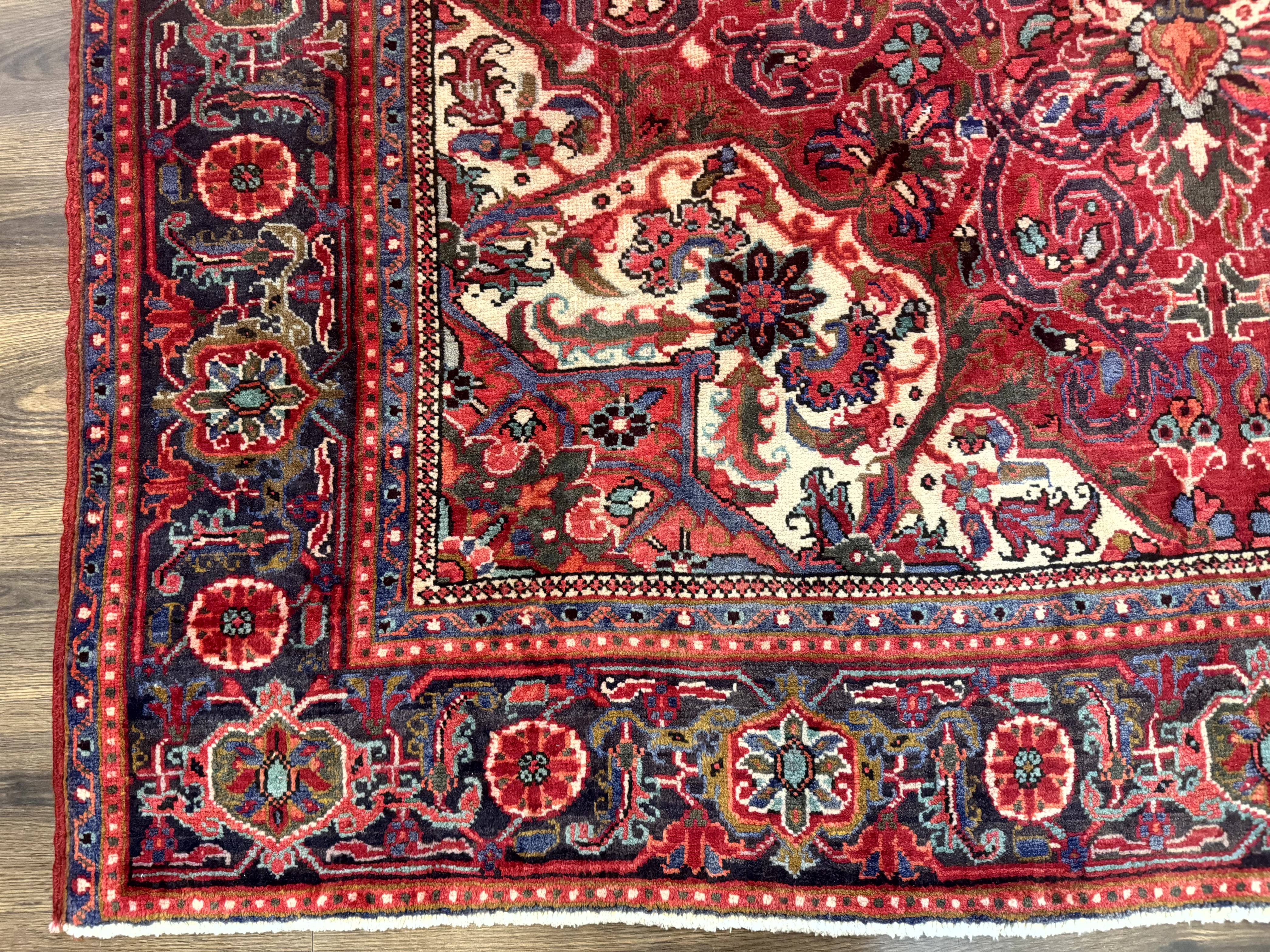 Persian Heriz Rug 7x10, Red and Navy, Geometric Medallion, Vintage Wool Carpet - Jewel Rugs