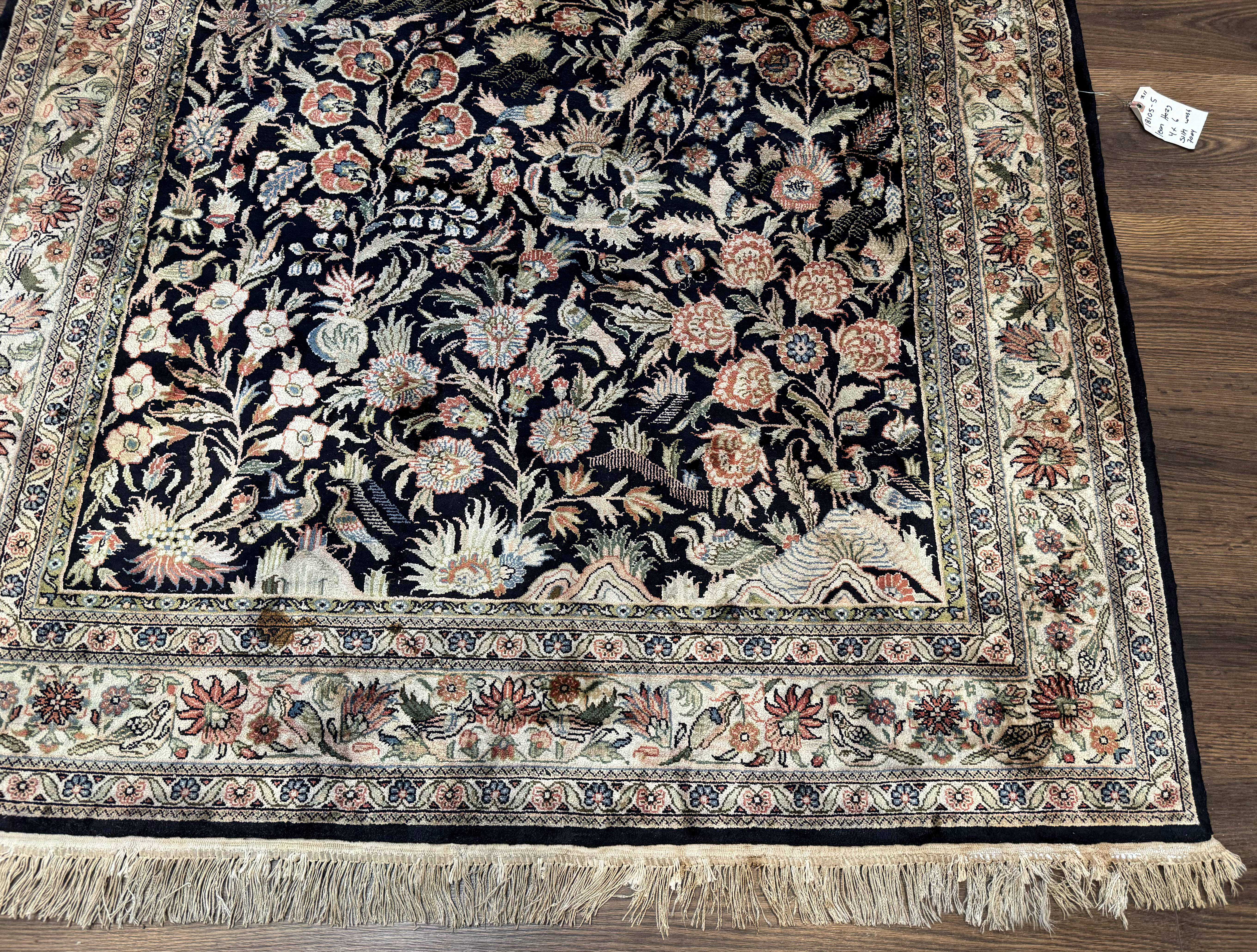 Silk Rug 4x6, Black and Cream, Floral & Bird Pictorials, Fine 330 KPSI, Sino Persian Rug - Jewel Rugs
