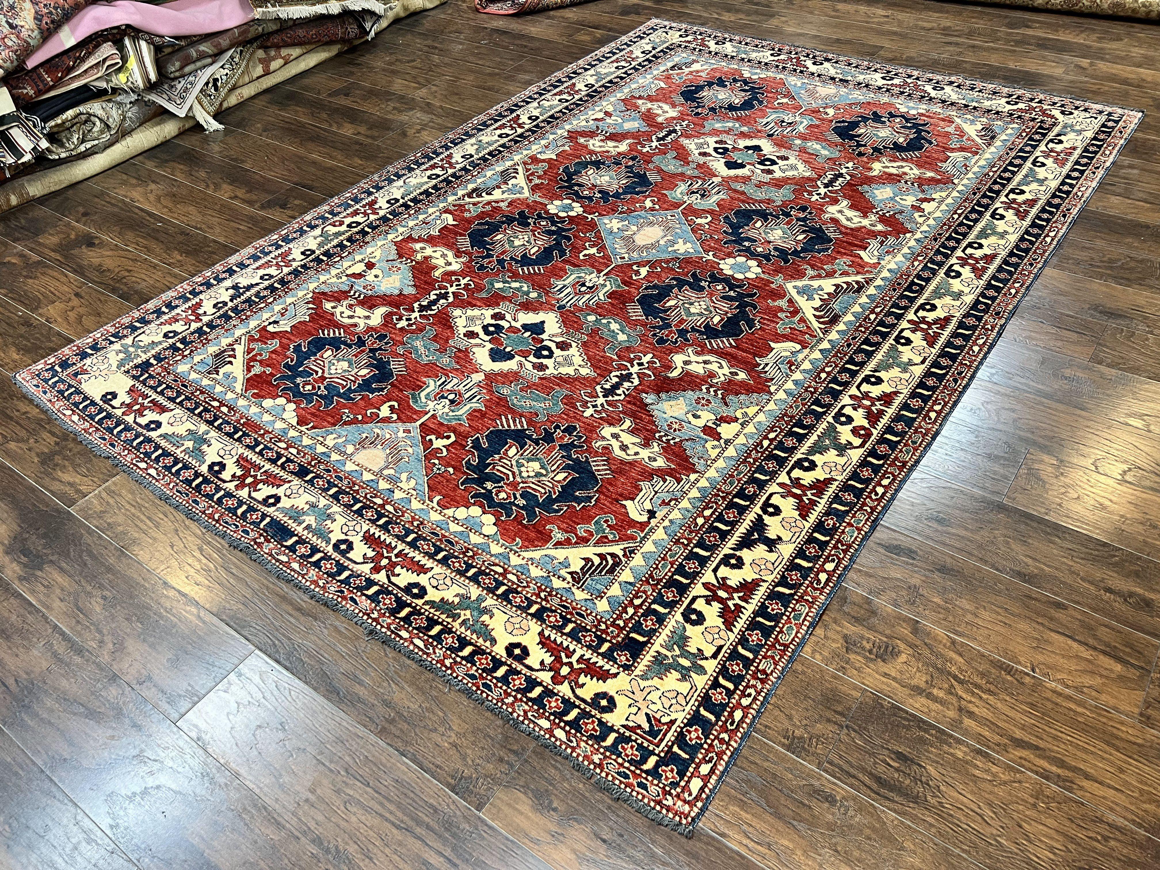 Turkish Heriz Rug 7x10, Wool Hand Knotted Handmade Room Sized Oriental Carpet, Red & Ivory, Vintage Geometric Oriental Rug 7 x 10 ft - Jewel Rugs