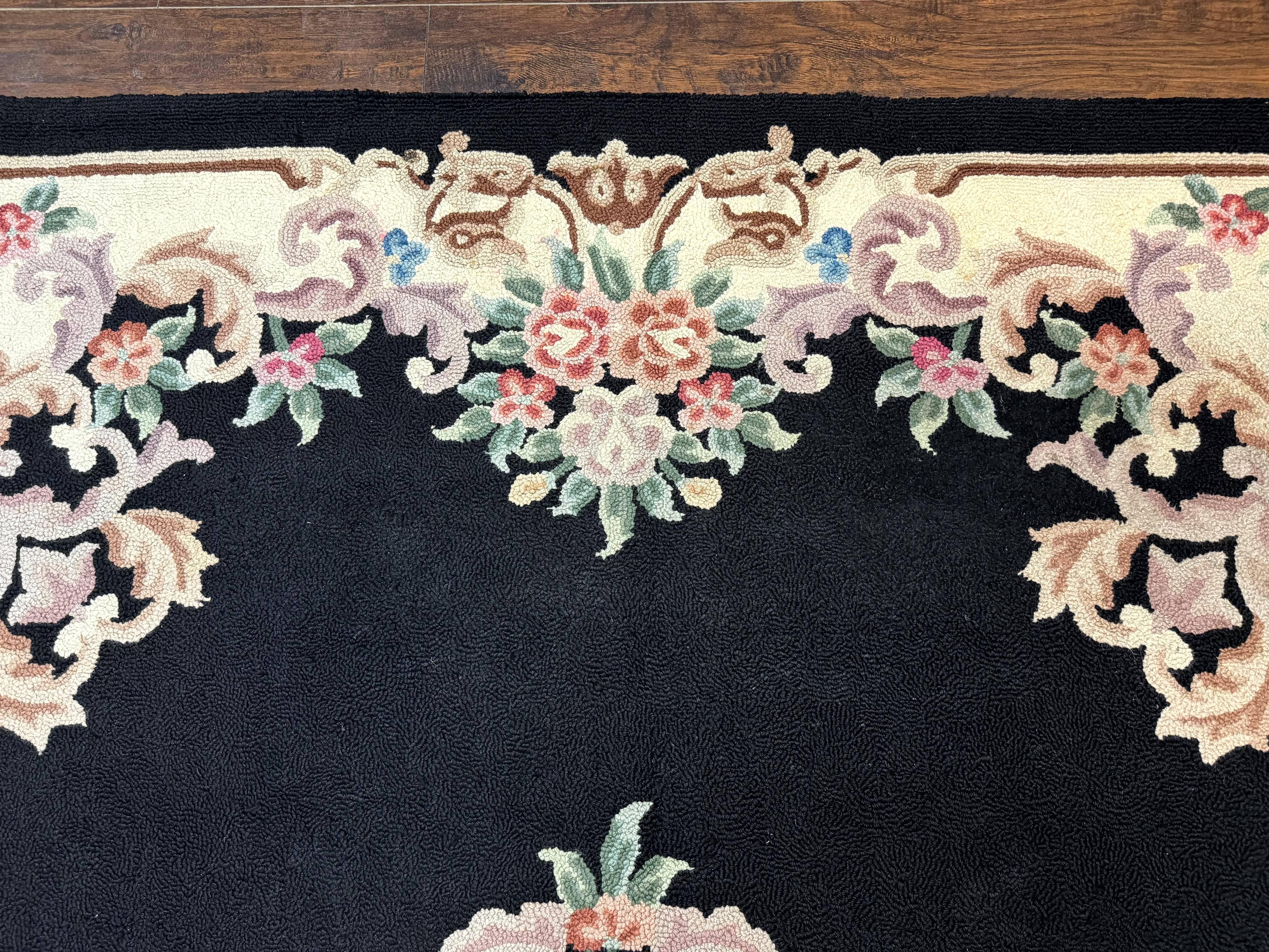 Aubusson Rug 8x11, Black and Ivory, Hooked Rug, Vintage, Wool - Jewel Rugs