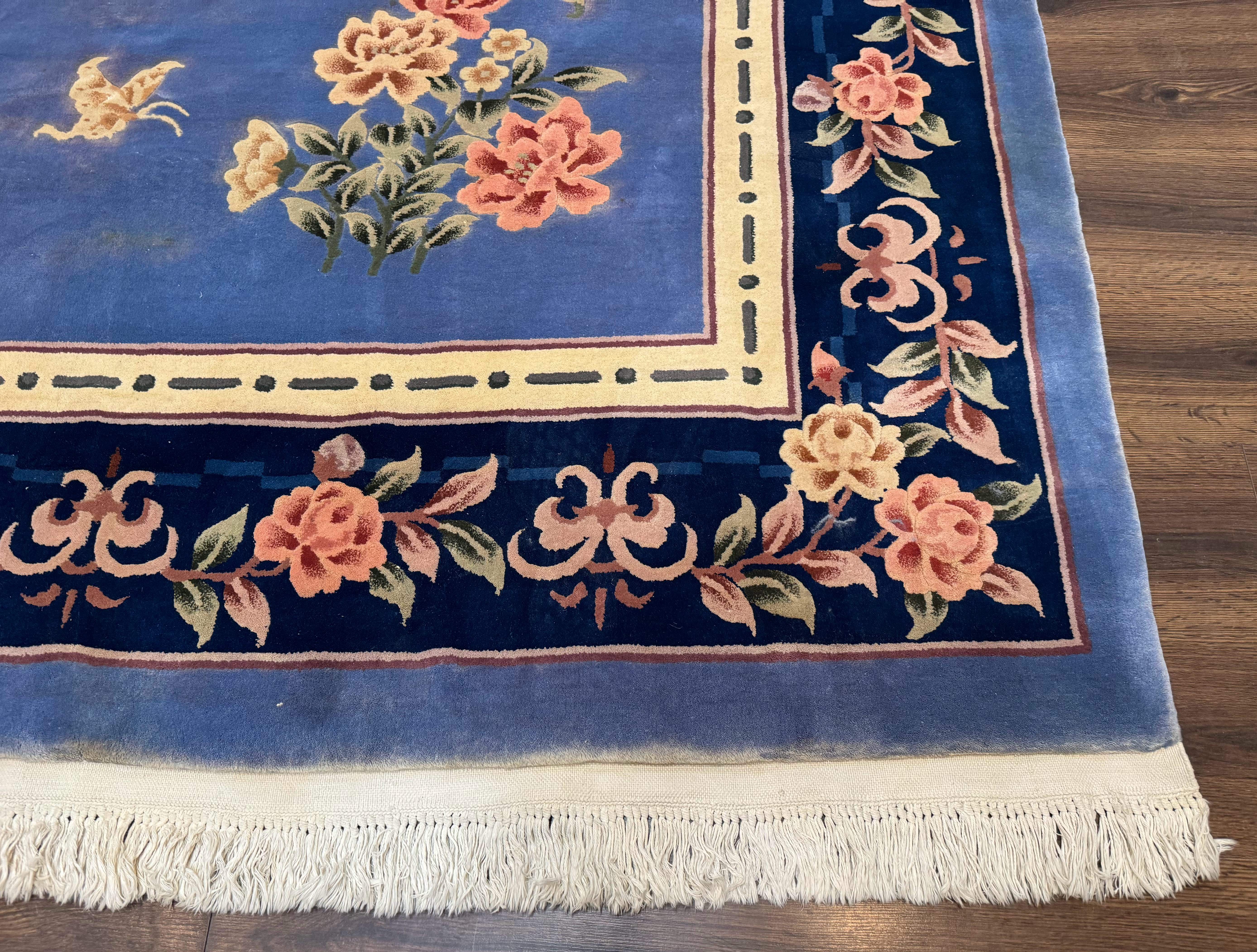 Blue Chinese Wool Rug 9x12, Art Deco Peking Asian Oriental Carpet, Floral Butterflies, 90 Line Rug - Jewel Rugs