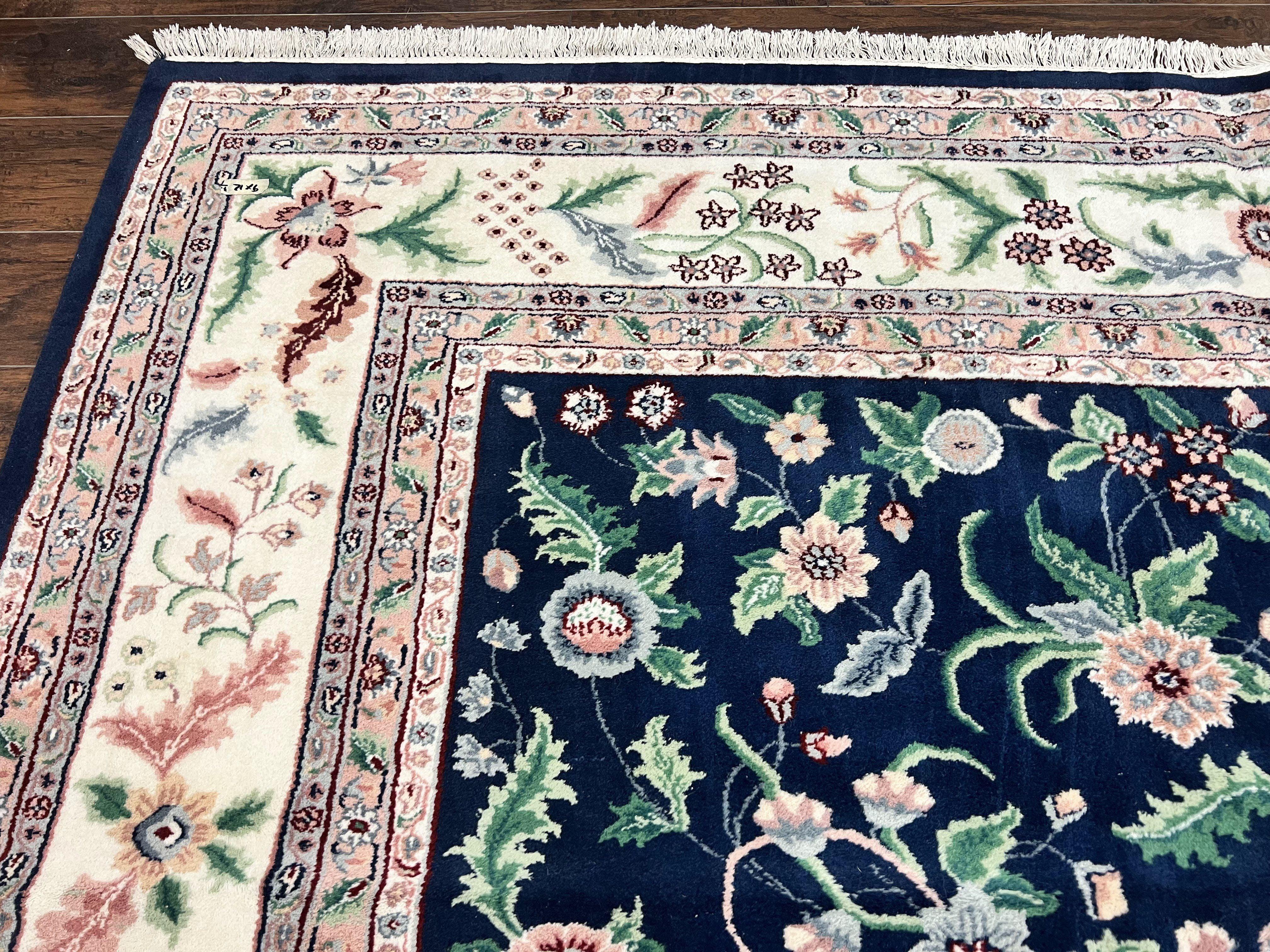 Indo Persian Rug 9x12, Wool Hand Knotted Vintage Carpet, Navy Blue & Ivory, Floral Allover Oriental Rug, 9 x 12 Room Sized Traditional Rug - Jewel Rugs