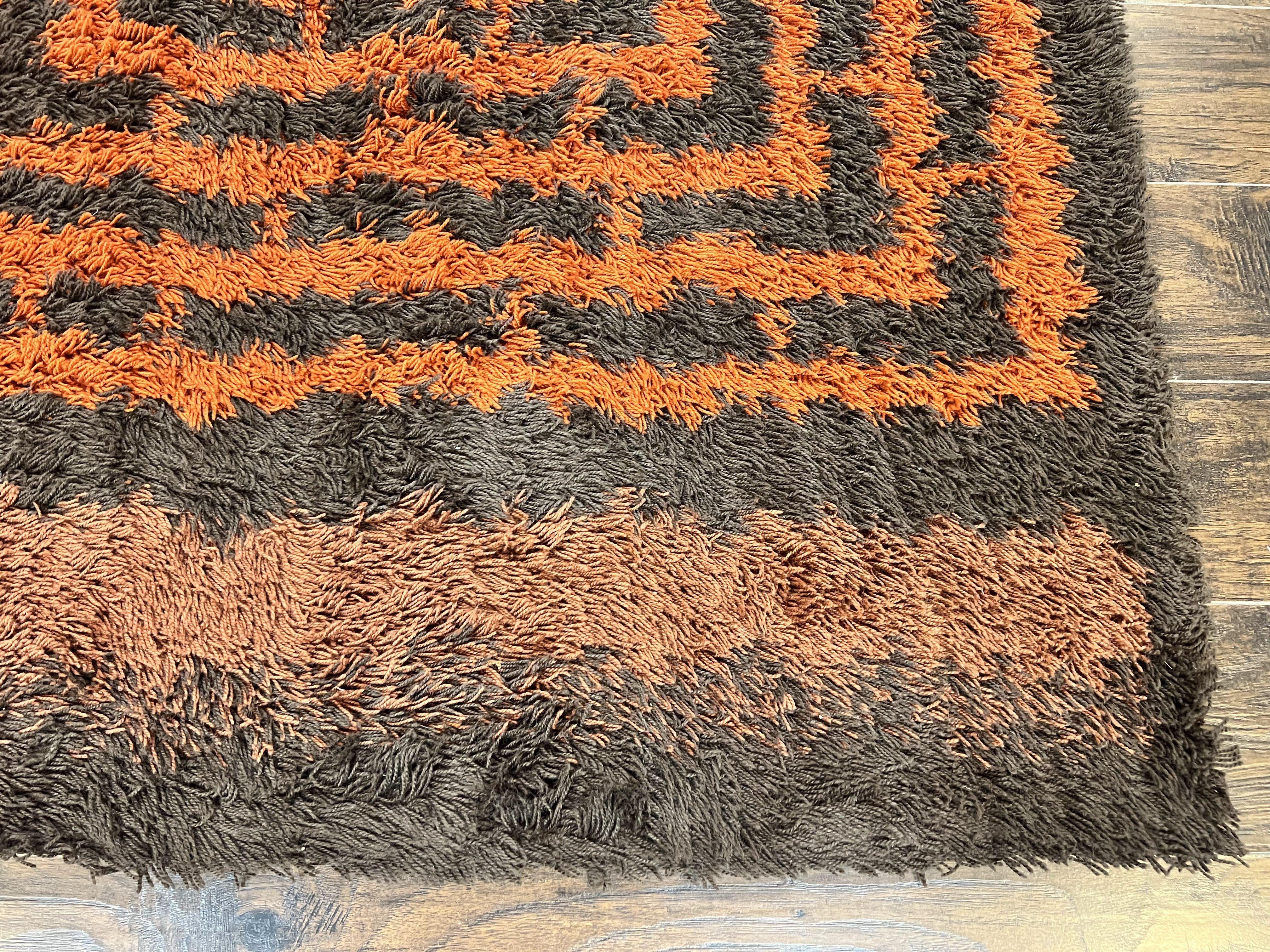Vintage Rya Shag Rug 4.6 x 6.6, Abstract Design, Brown and Orange, Mid Century Danish Rya Carpet - Jewel Rugs