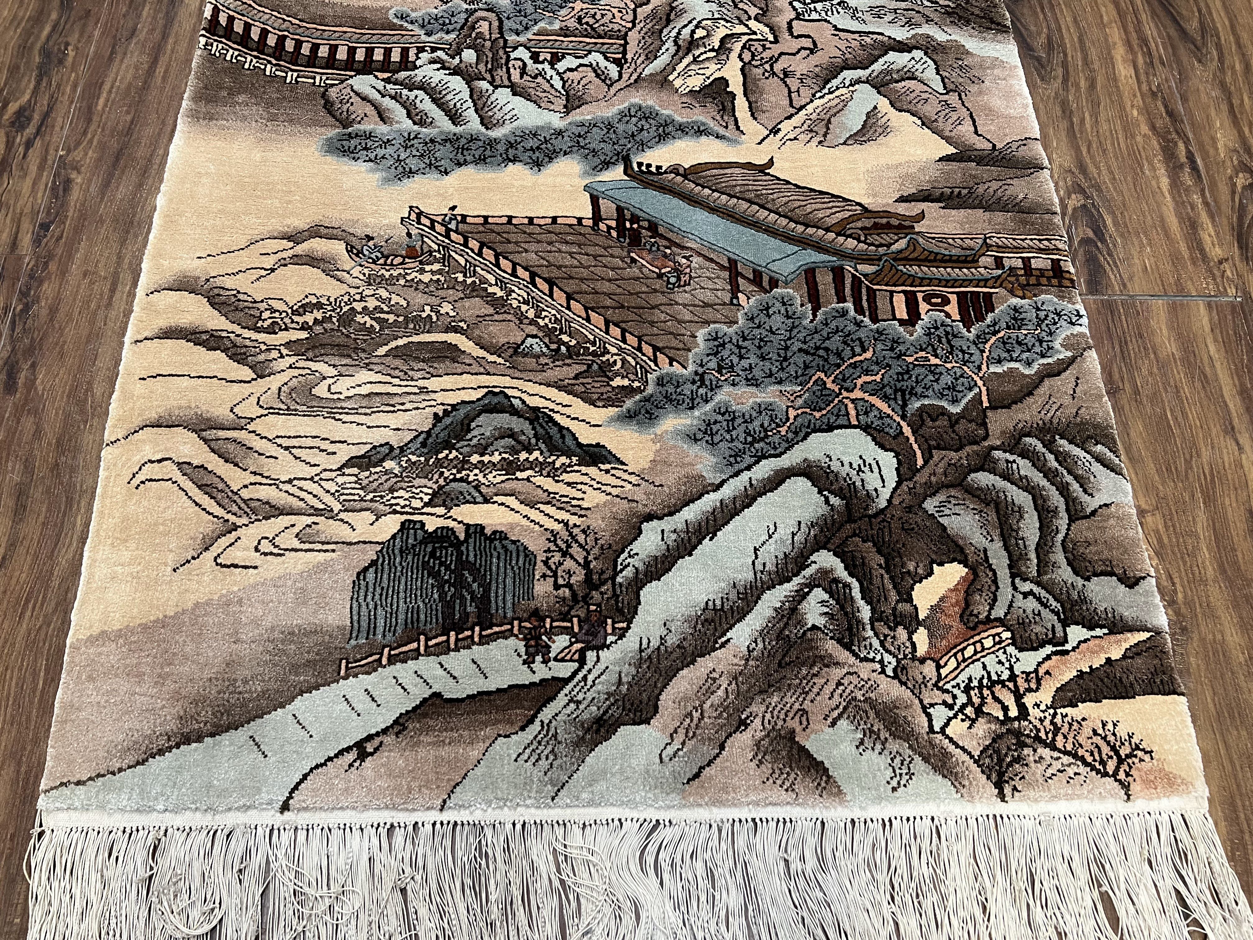 Silk Chinese Wall Hanging Rug 3x6 ft Tapestry, Pagoda Scene