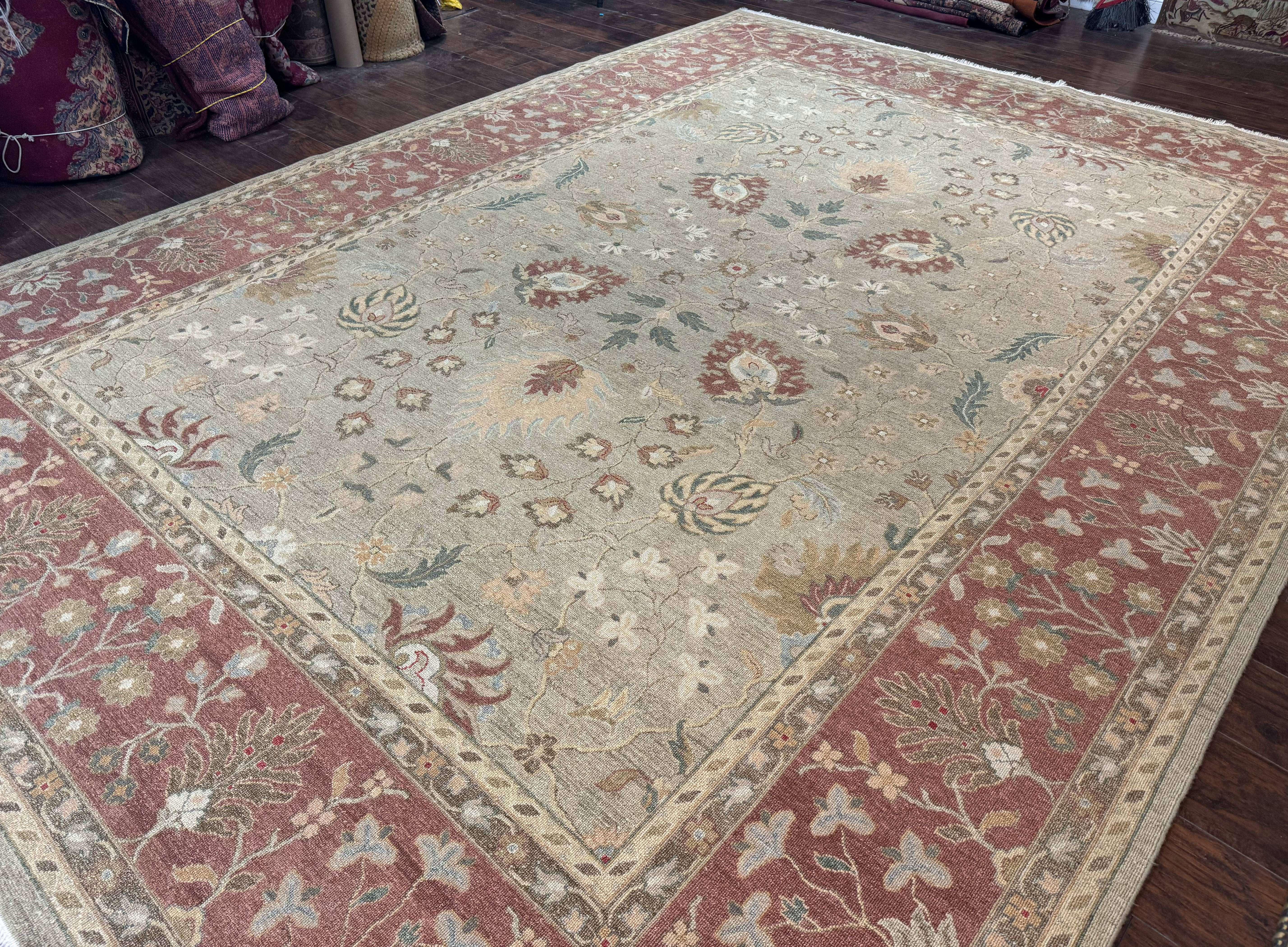 Large Turkish Soumak Rug 10x14, Flatweave Dhurrie, Handmade, Light Green and Salmon - Jewel Rugs