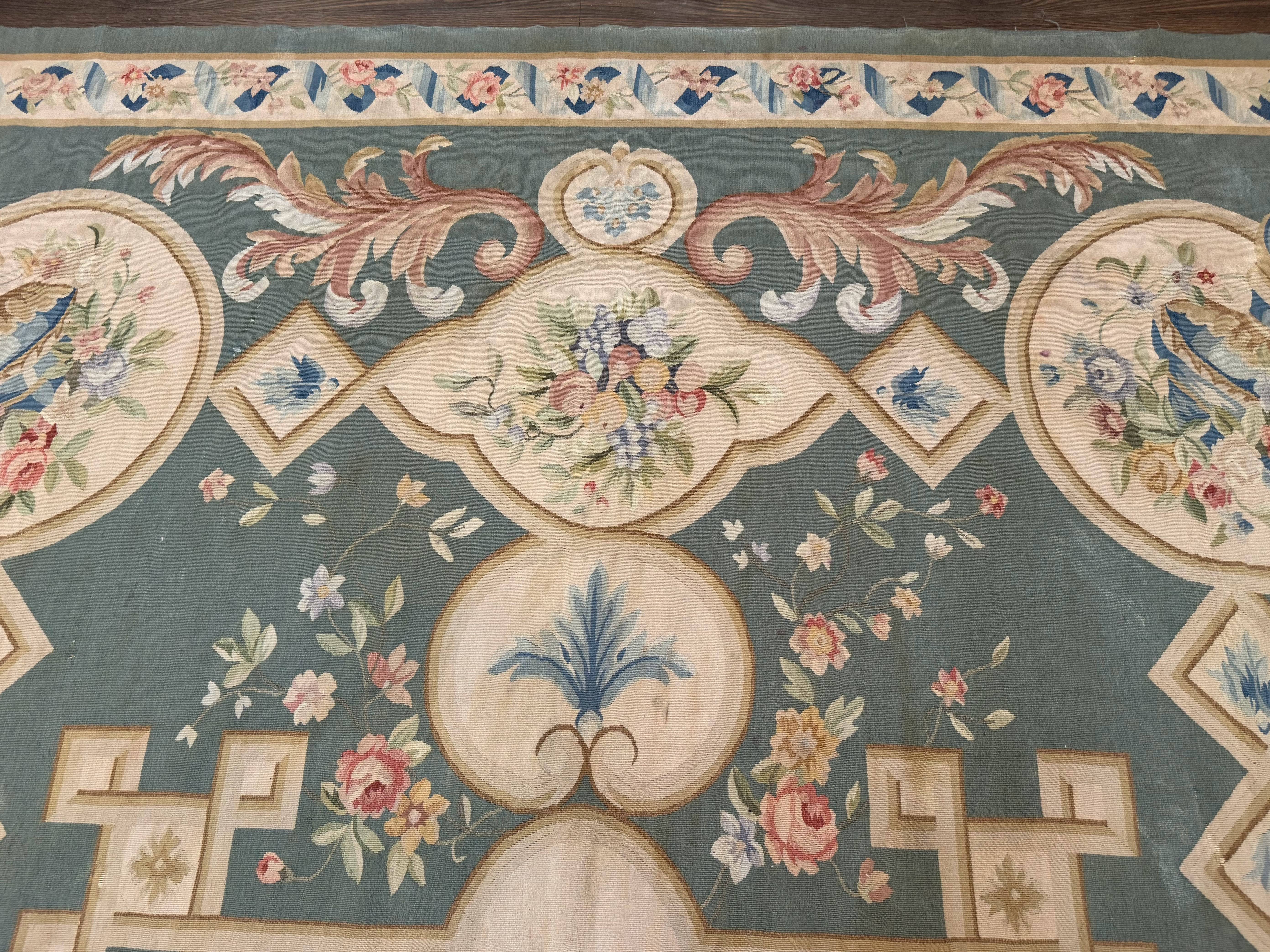 Aubusson Rug 9x12, Muted Sage Green and Cream, European Design - Jewel Rugs