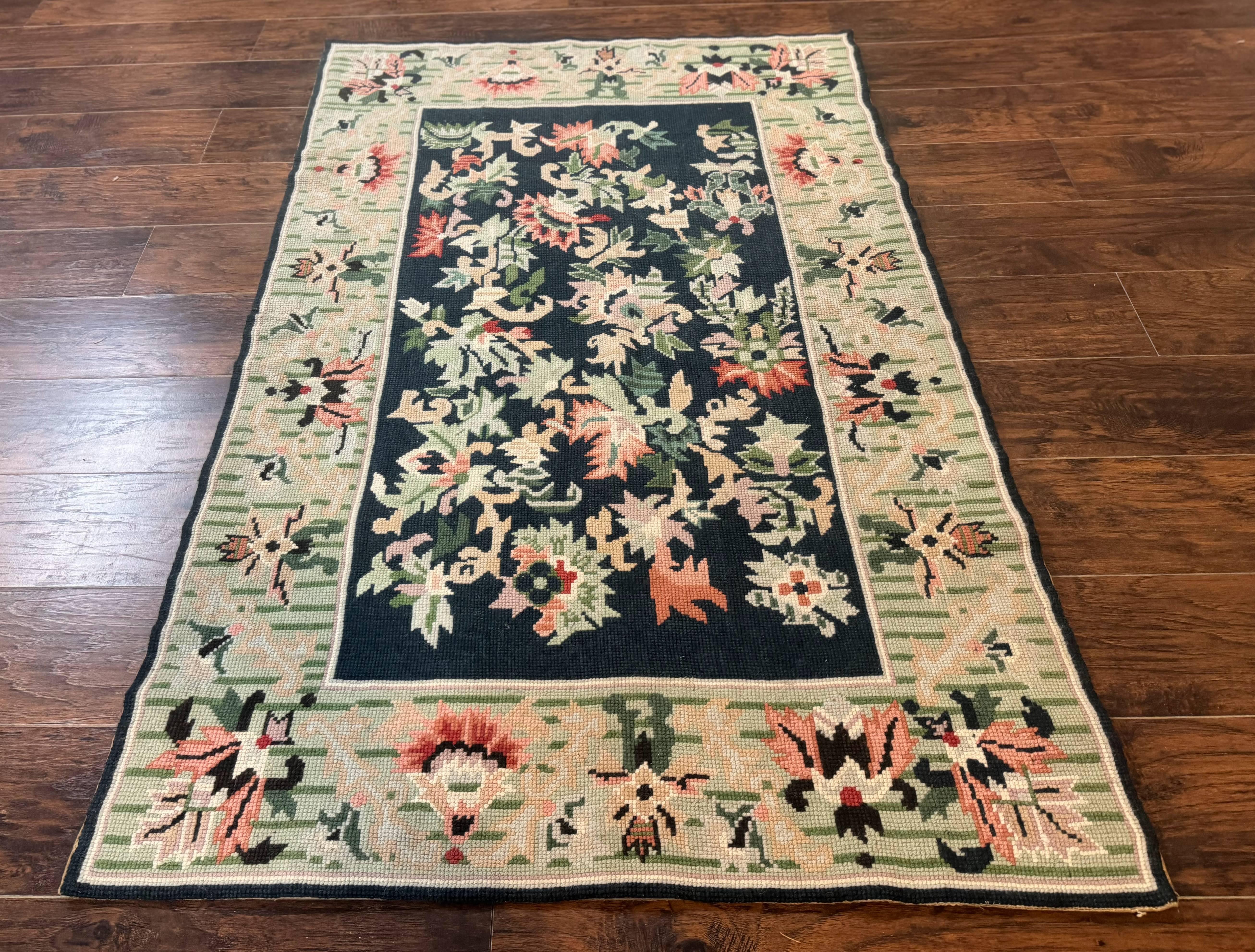 Vintage American Needlepoint Rug 4x6, Dark Green, Wool, Handmade, Flatweave Carpet - Jewel Rugs