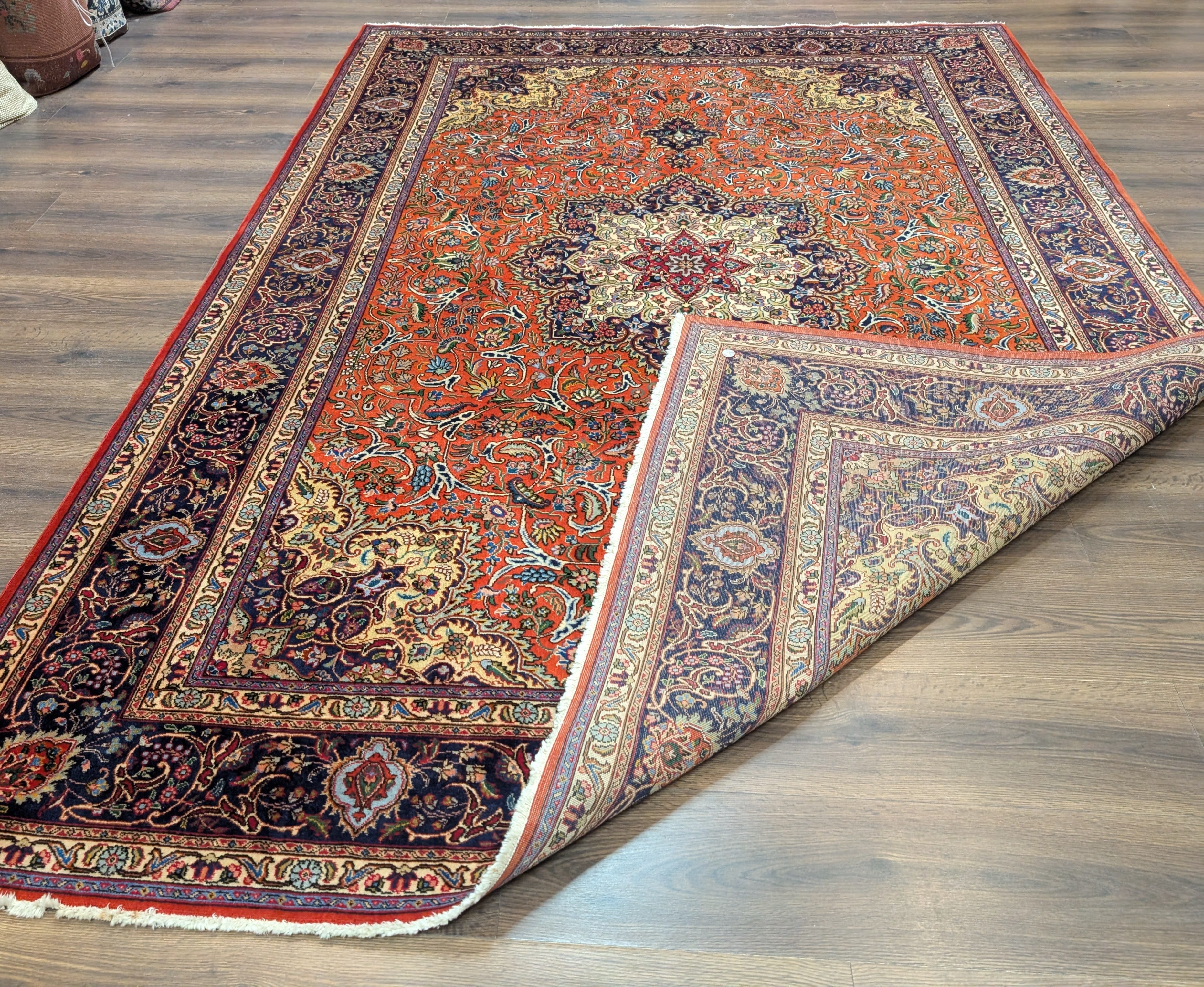Persian Tabriz Rug 7x10, Hand-Knotted Wool Carpet, Burnt Orange & Navy Blue - Jewel Rugs