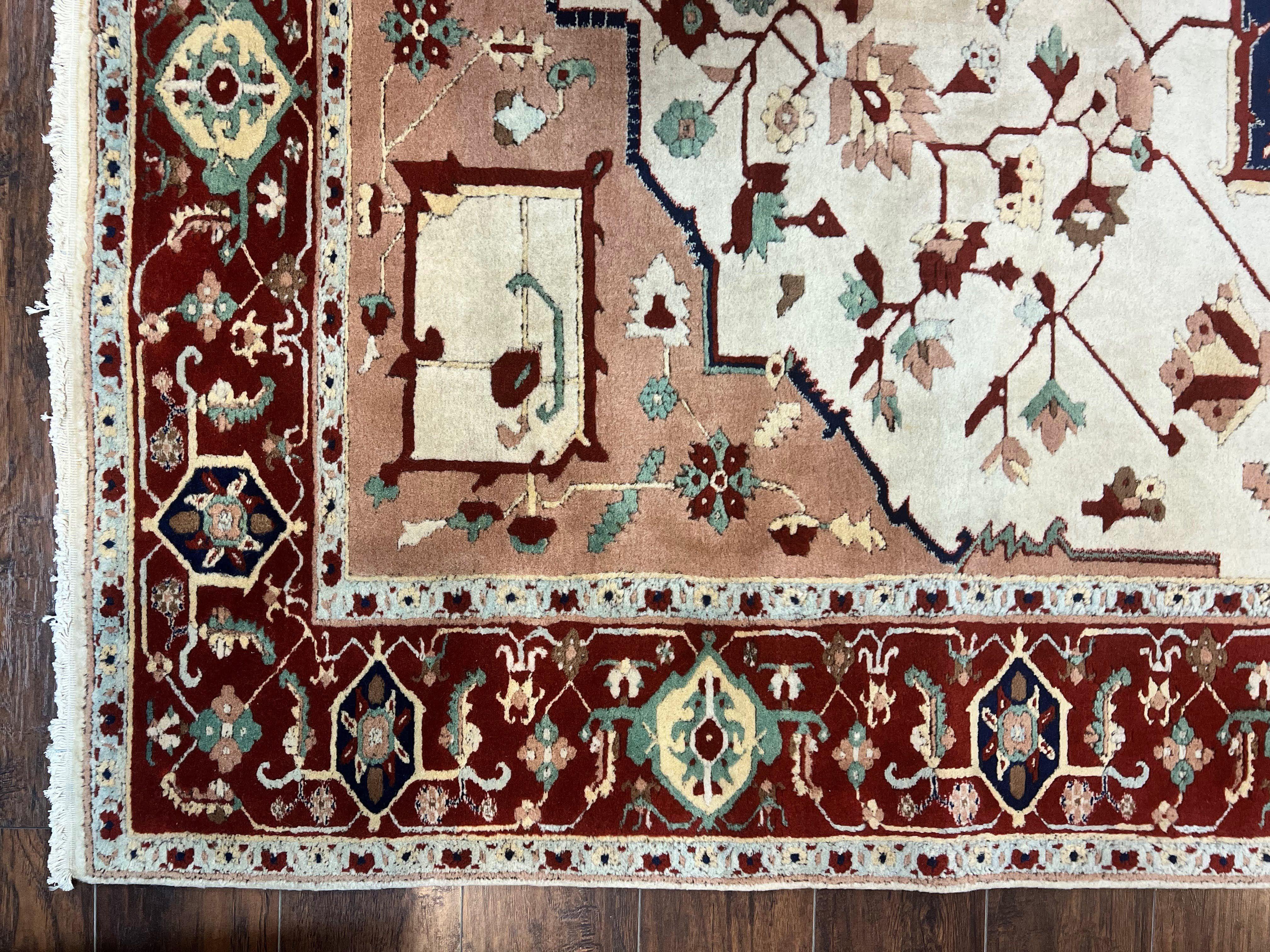 Indo Heriz Rug 9x12, Geometric Indo Persian Room Sized Decorative Area Rug 9 x 12 ft, Cream Navy Blue Pink Handmade Vintage Wool Carpet - Jewel Rugs