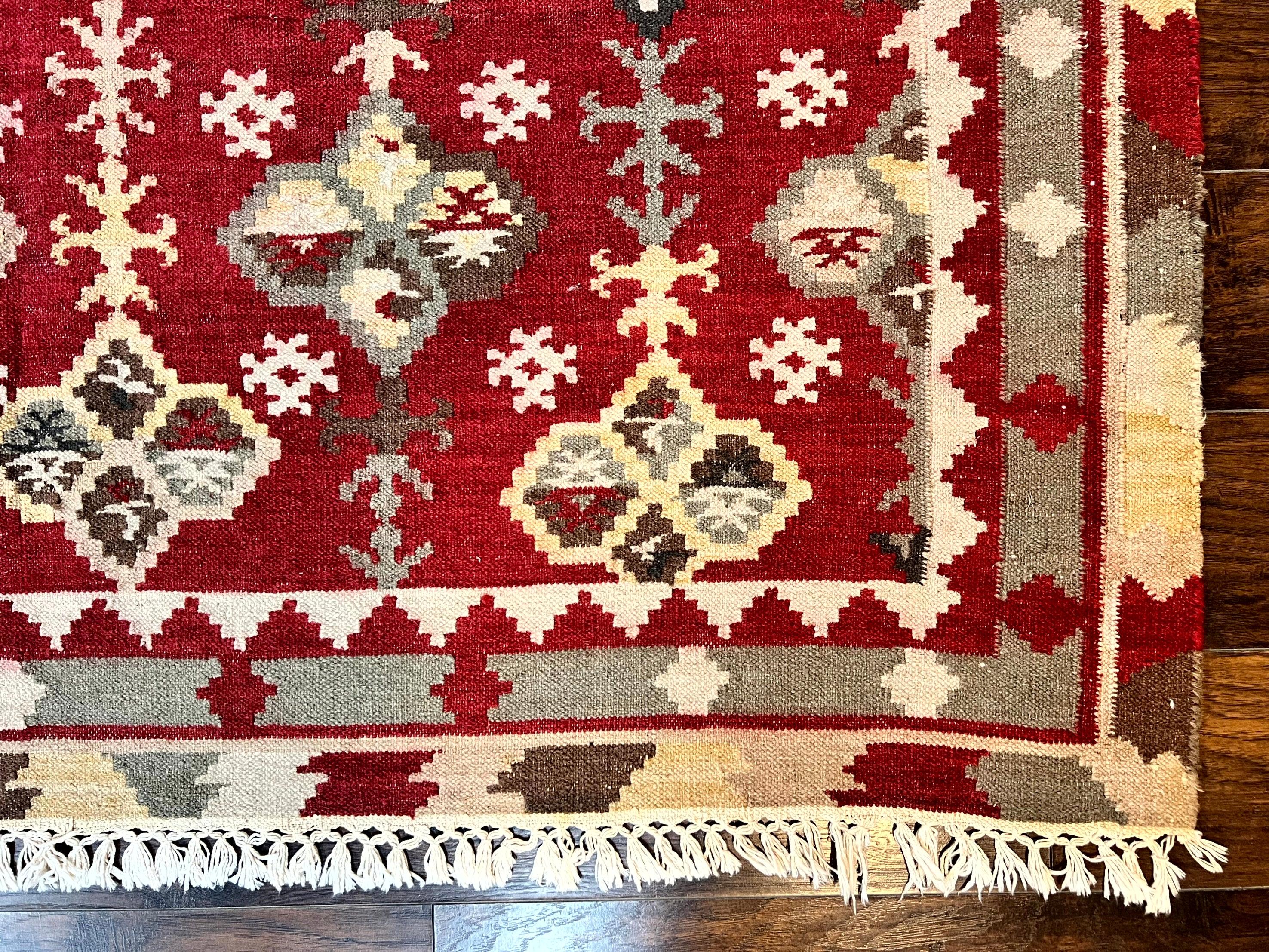 Indian Kilim Rug 6x6, Square Kilim Flatweave Carpet, Vintage Handmade Wool Rug, Red - Jewel Rugs