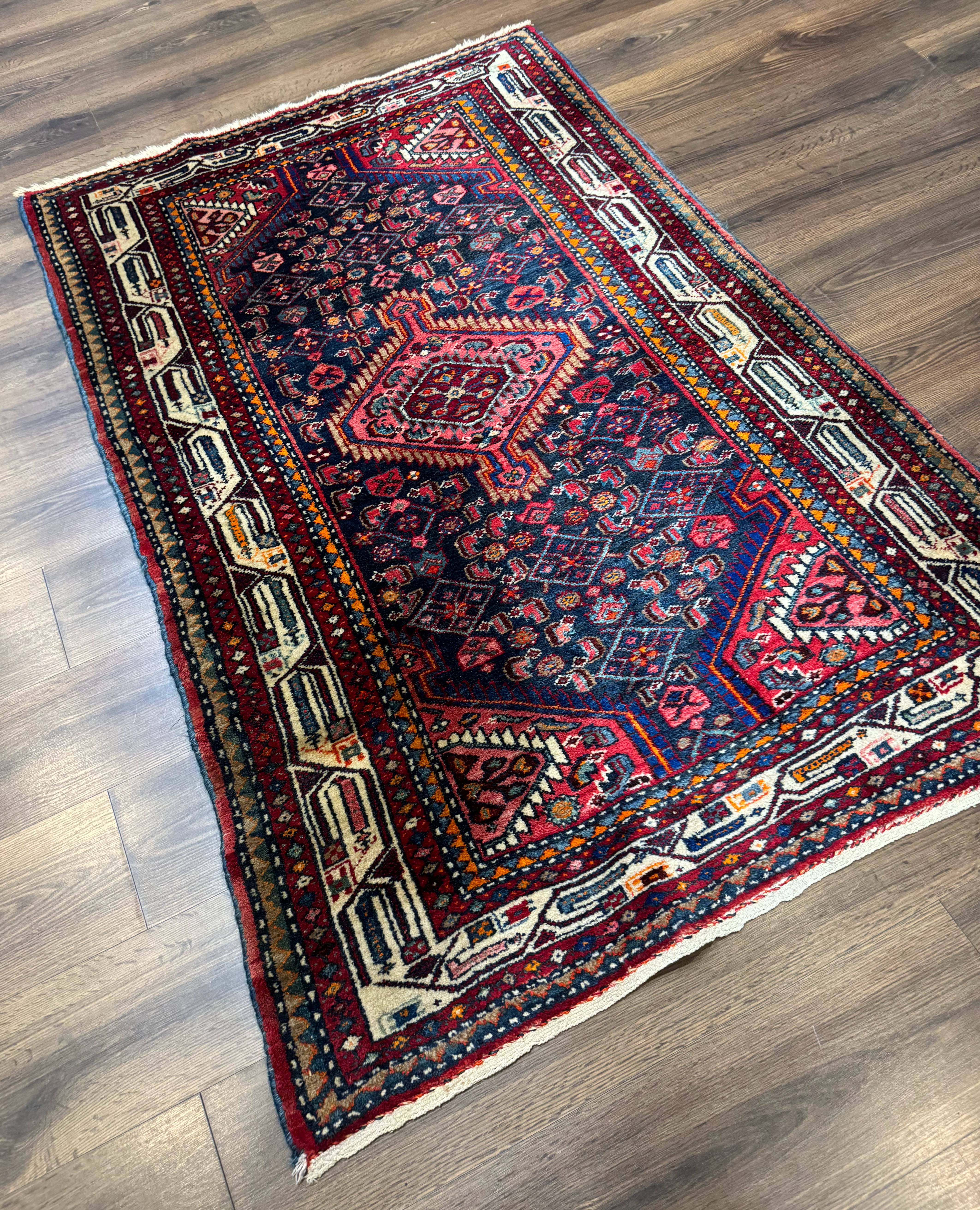 Antique Persian Hamadan Rug 4x6, Navy Blue, Village Tribal Rug - Jewel Rugs