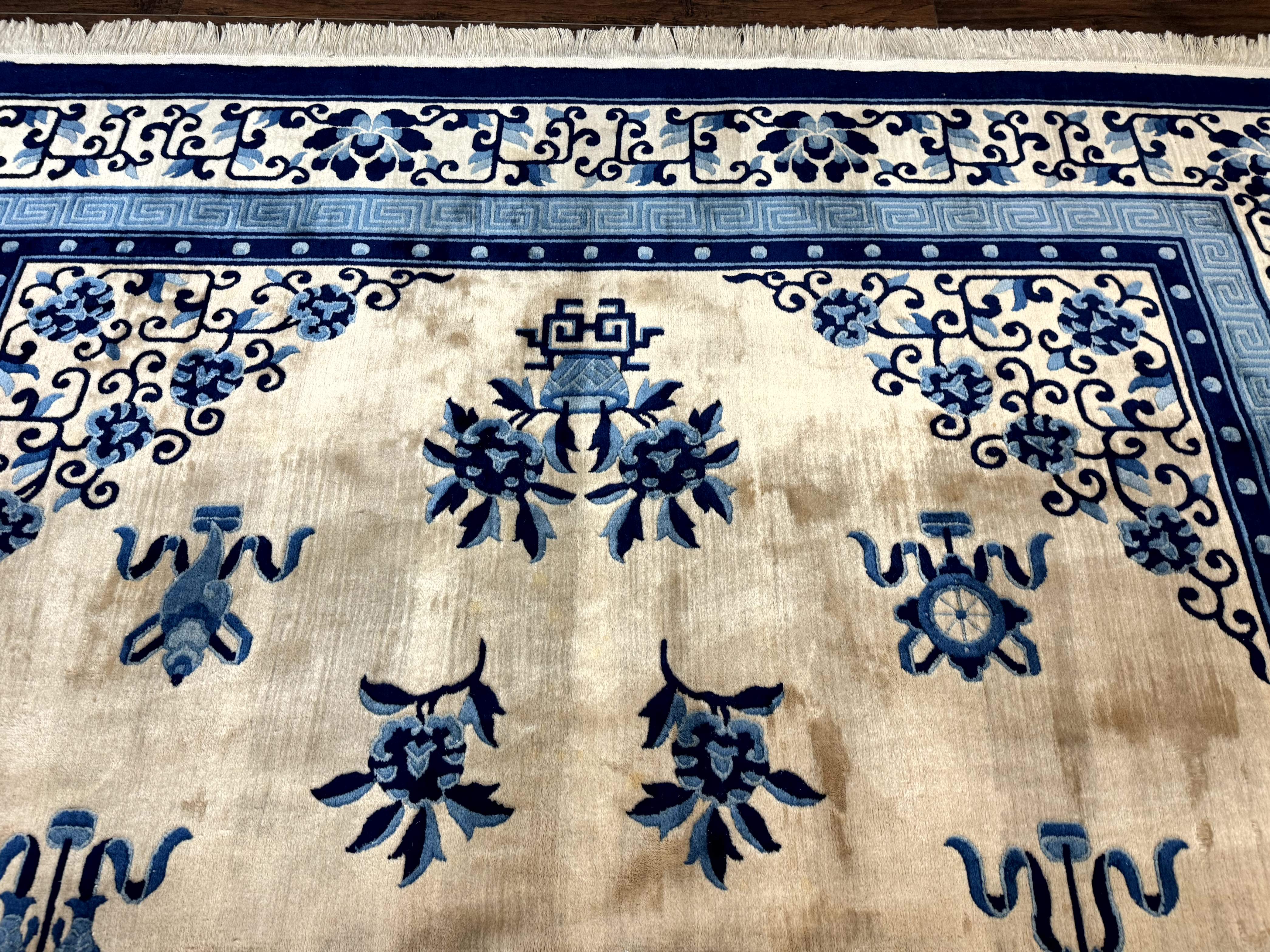 Chinese Peking Rug 8x11 – Ivory and Blue, Hand-Knotted Wool, Asian Oriental Carpet - Jewel Rugs