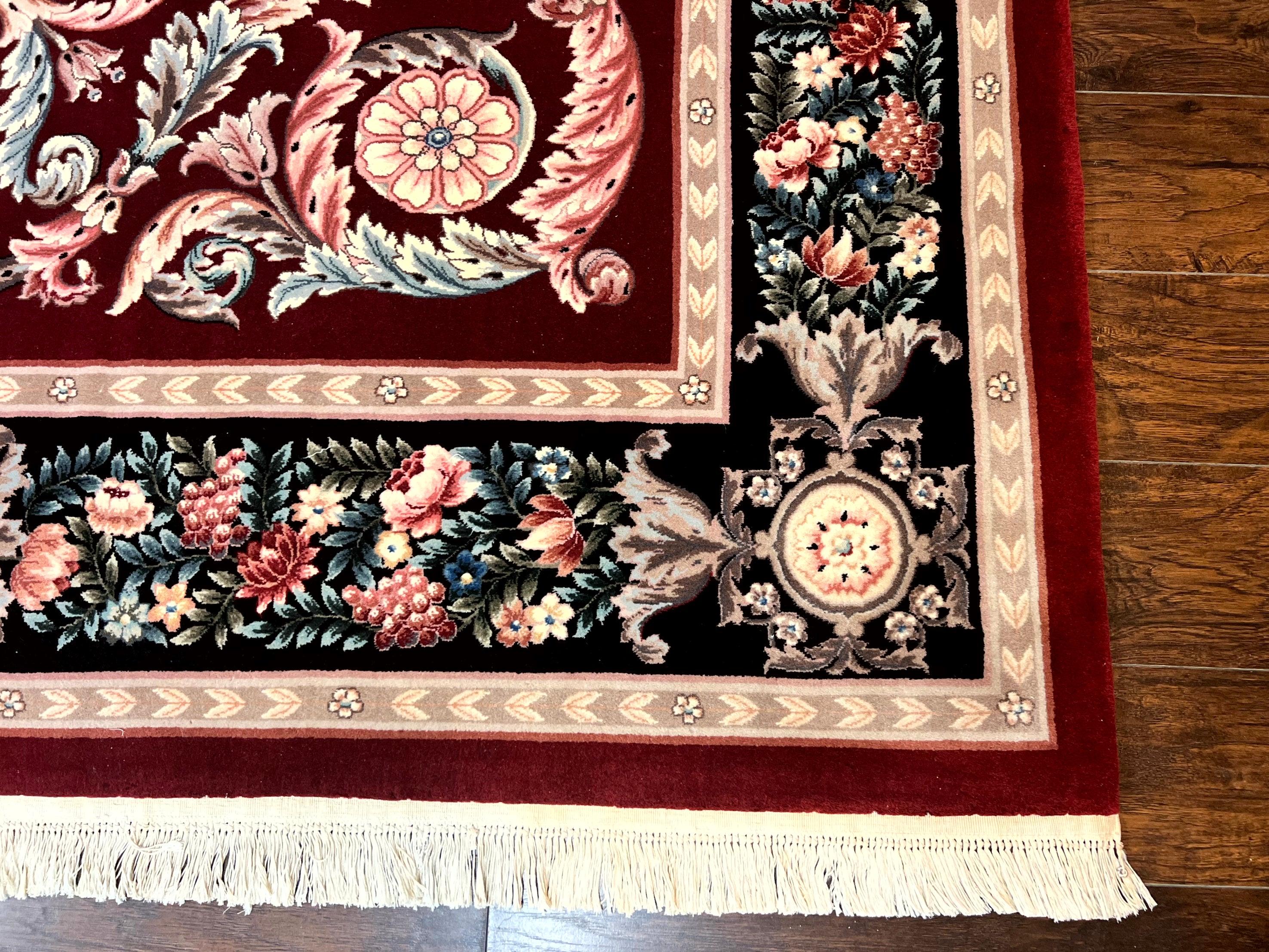 Chinese Aubusson Rug 9x12, Burgundy, Handmade Vintage Wool Carpet, Fine 210 KPSI, Elegant European Design - Jewel Rugs