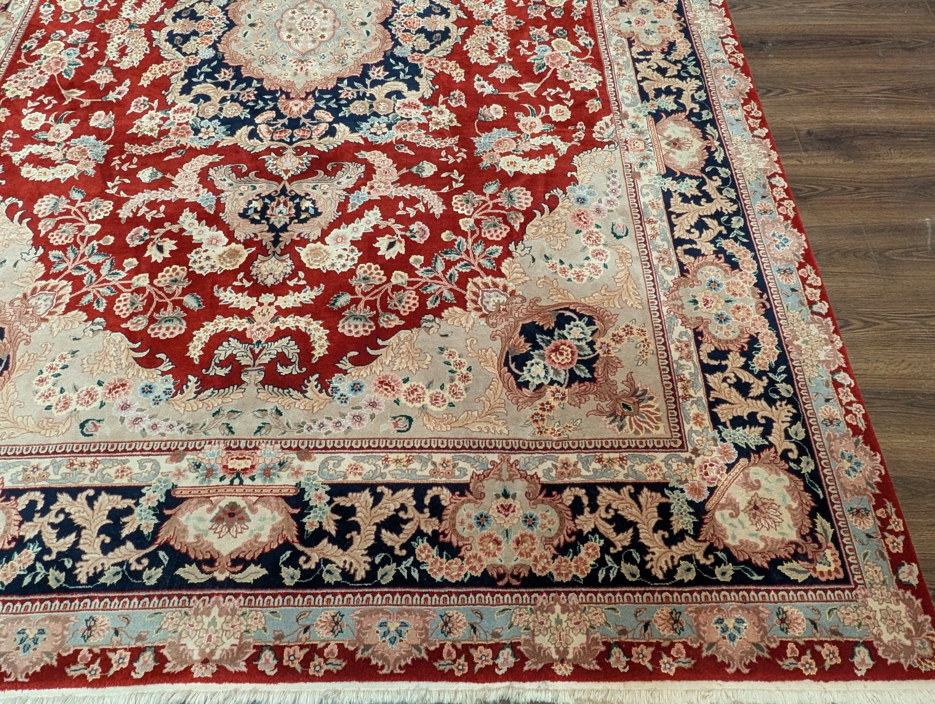 Pak Persian Rug 9x12 – Red and Navy, Wool and Silk, Medallion Oriental Carpet, 225 KPSI - Jewel Rugs