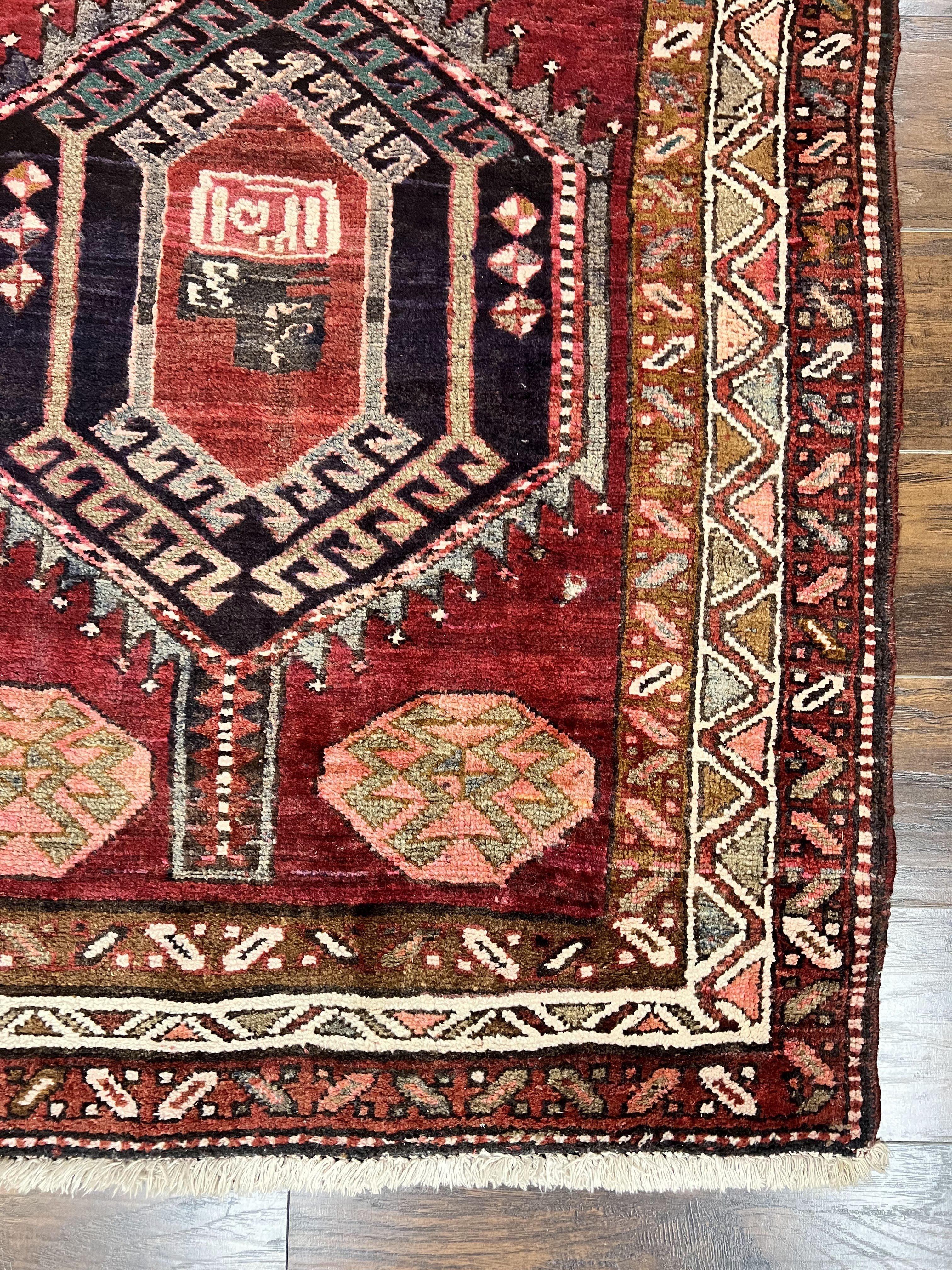 Persian Heriz Runner Rug 3.8 x 8.6, Geometric Design, Large Triple Medallions, Hand Knotted Handmade Vintage Wool Hallway Rug, Red - Jewel Rugs