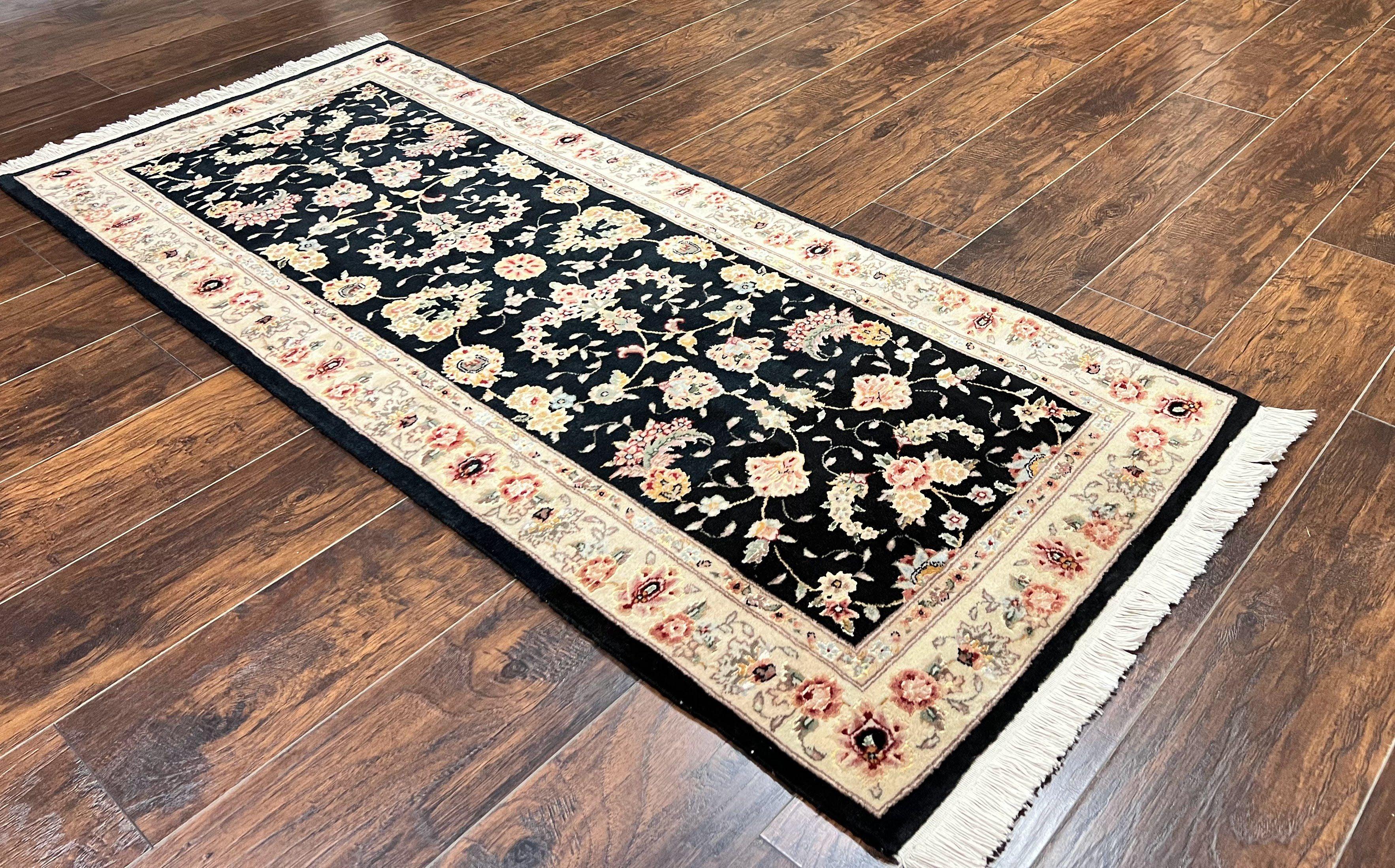 Sino Persian Short Runner Rug 2.7 x 6, Wool and Silk Highlights Black and Beige Handmade Vintage Floral Allover Oriental Carpet, Hallway Rug - Jewel Rugs