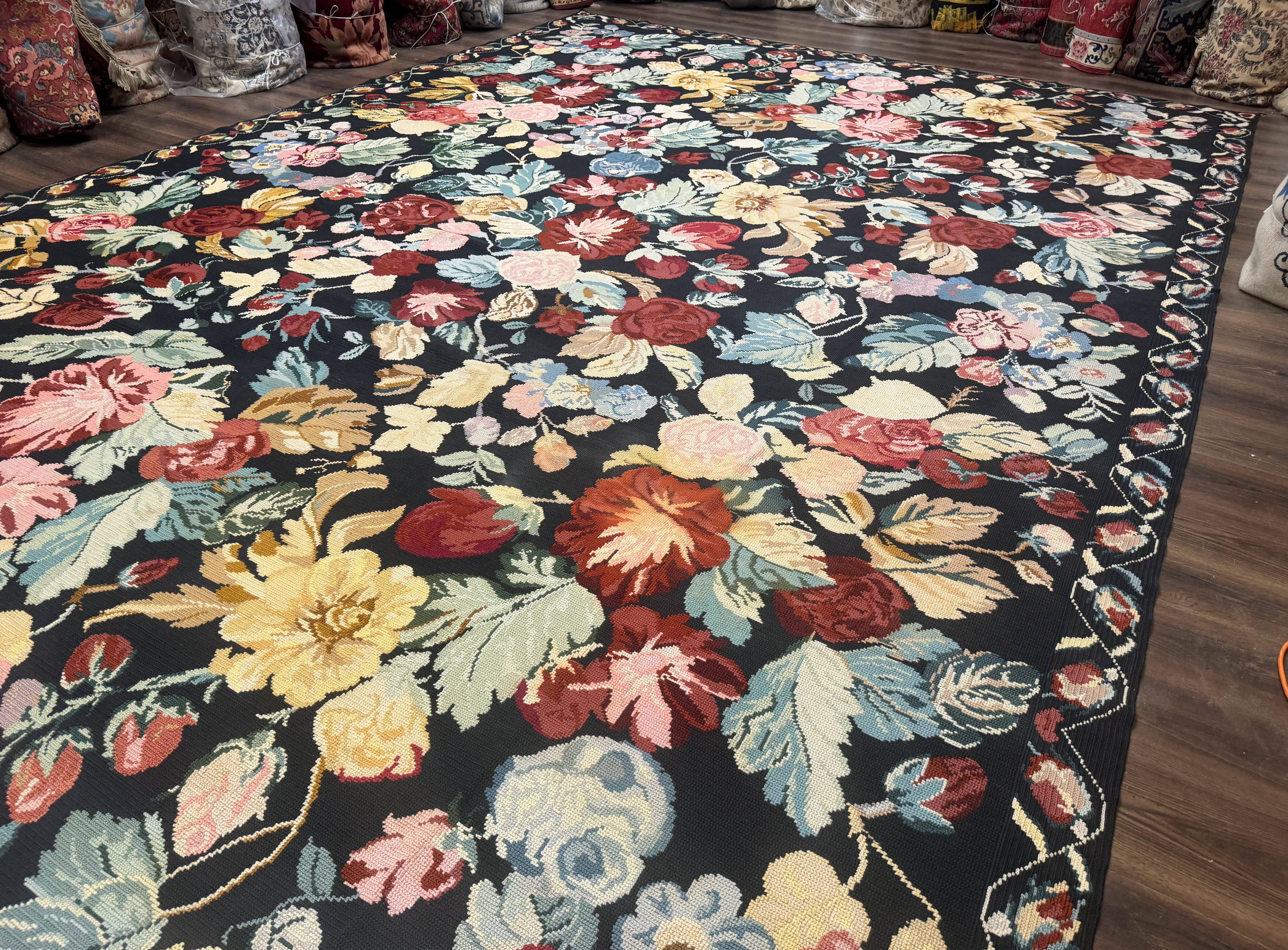 Palace Size Needlepoint Rug 12x18, Vintage Spanish Portuguese Carpet, Floral Design - Jewel Rugs
