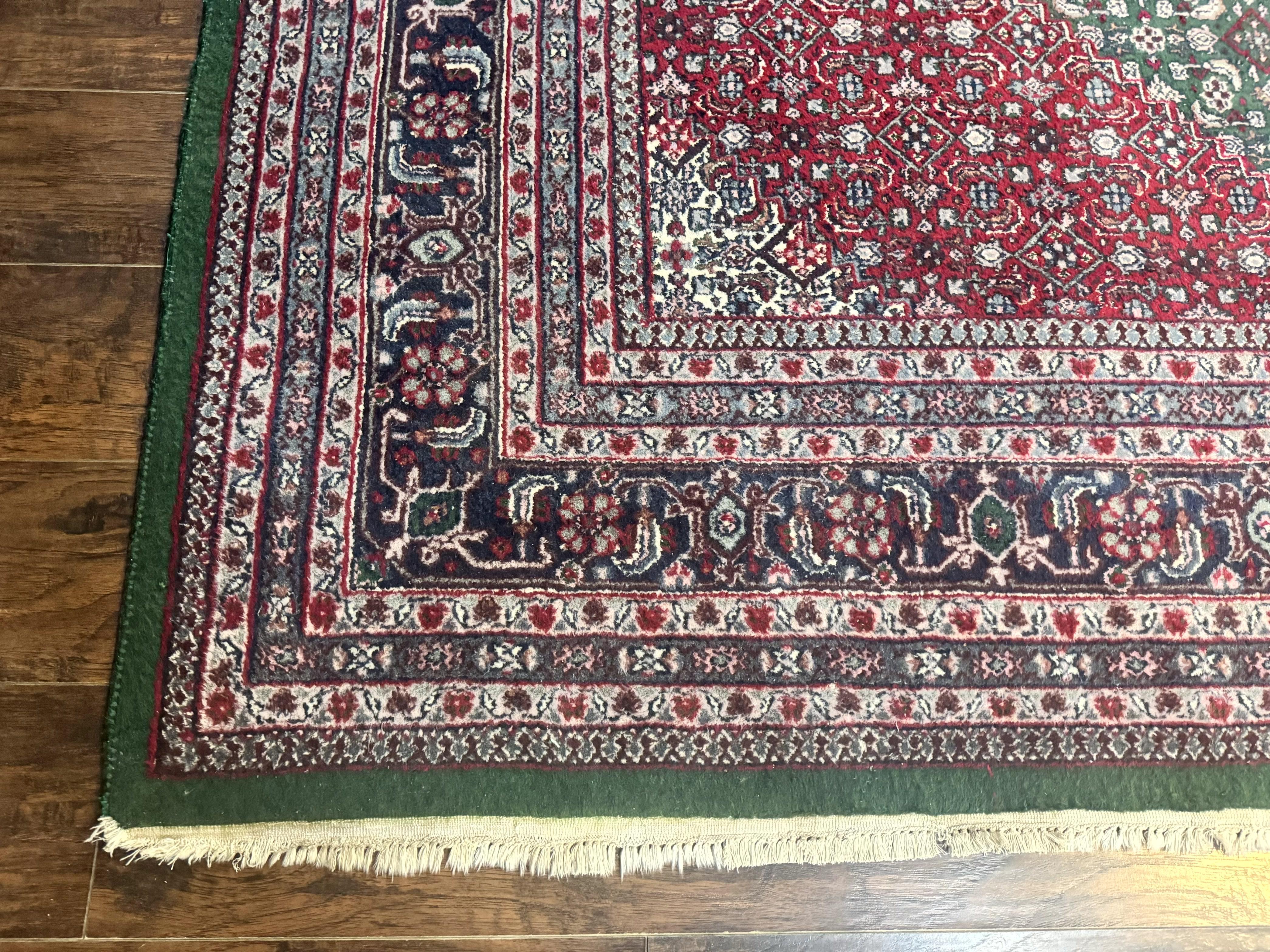 Indo Persian Bidjar Rug 8x11, Green and Red, Herati Pattern, Vintage Handmade Wool Oriental Carpet - Jewel Rugs