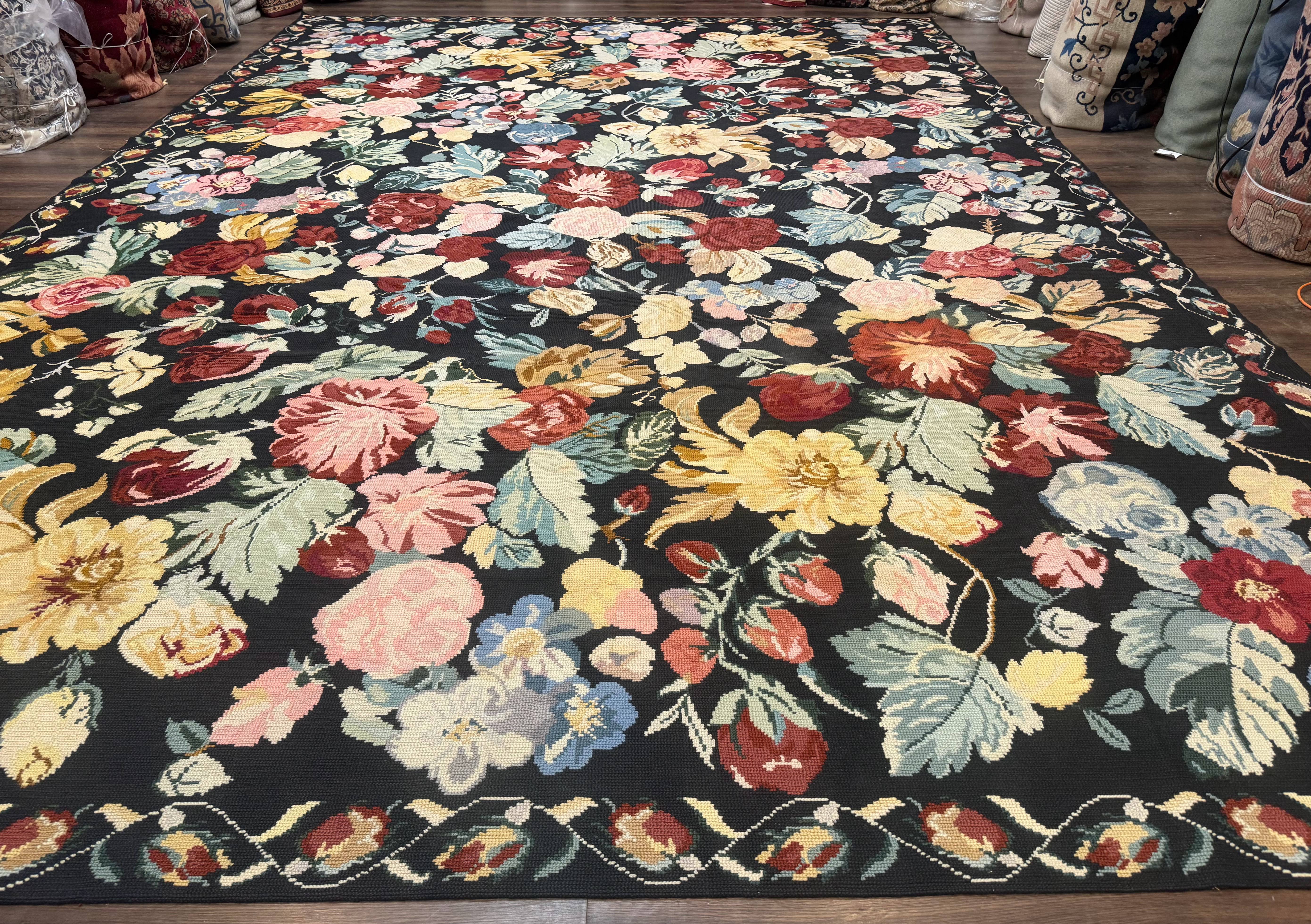 Palace Size Needlepoint Rug 12x18, Vintage Spanish Portuguese Carpet, Floral Design - Jewel Rugs