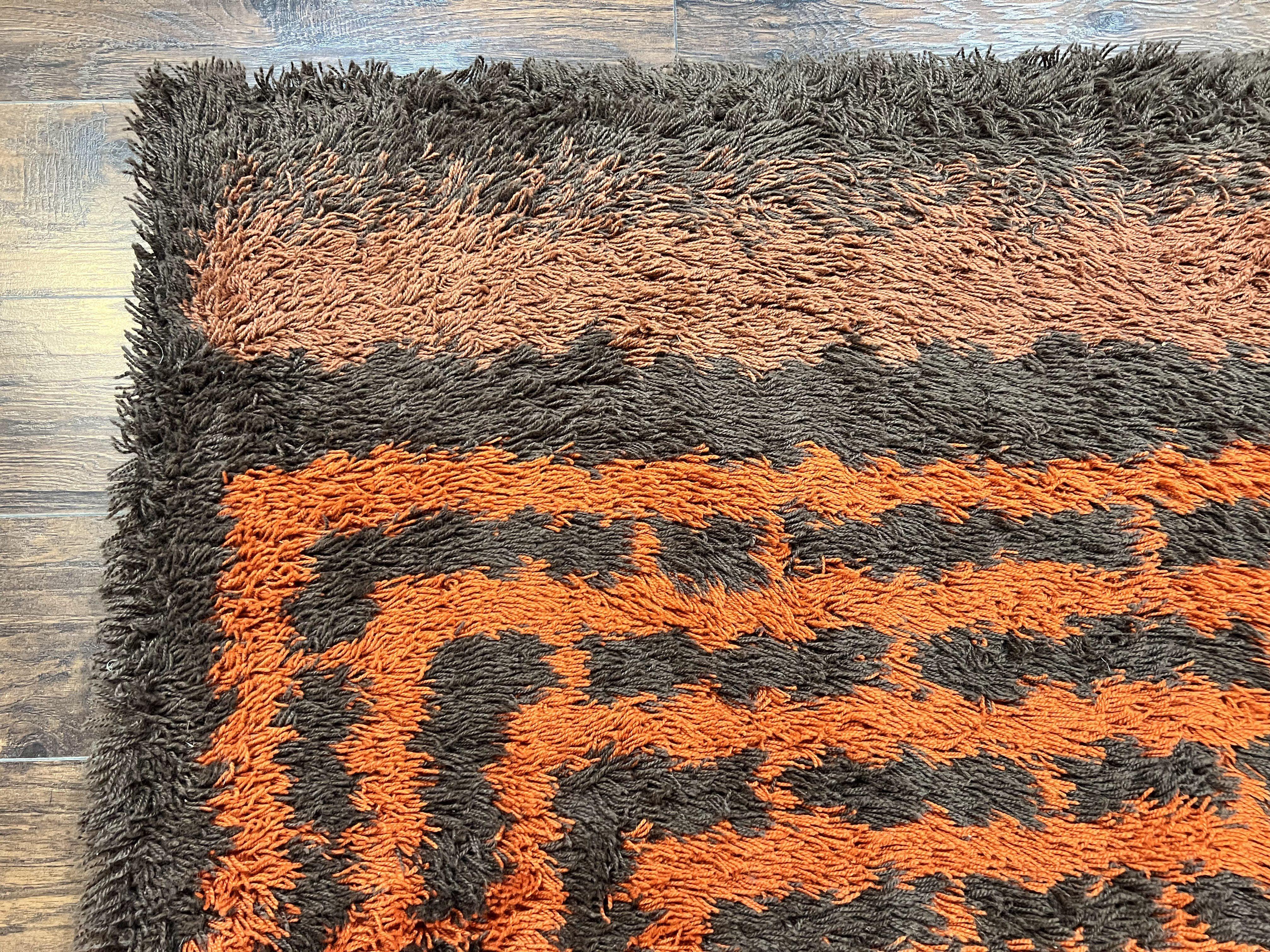 Vintage Rya Shag Rug 4.6 x 6.6, Abstract Design, Brown and Orange, Mid Century Danish Rya Carpet - Jewel Rugs