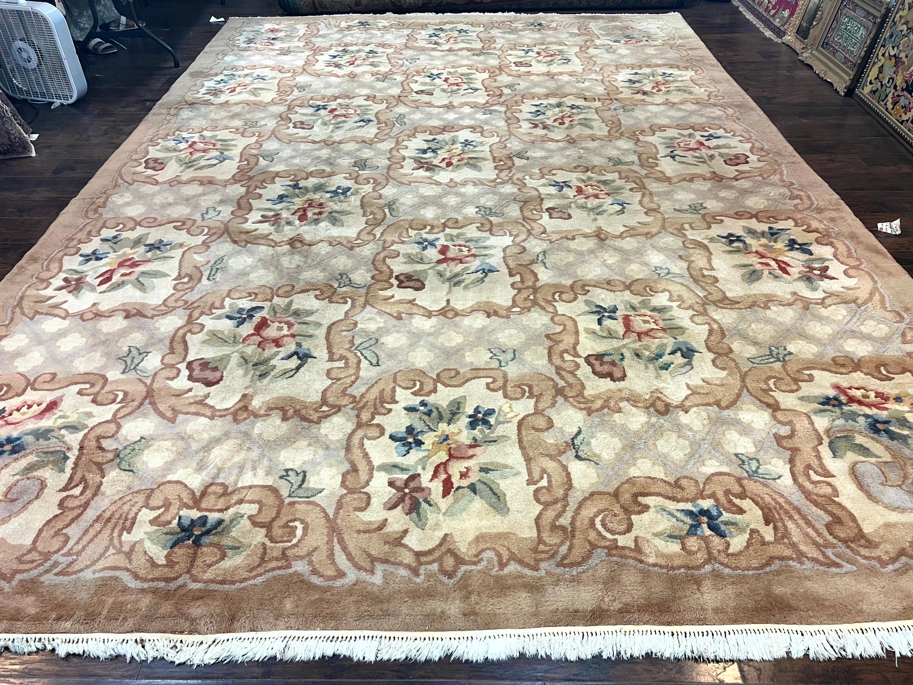 Indo Chinese Aubusson Wool Rug 11x16, Palace Sized Carpet, Oversized Handmade Vintage Rug, European Design - Jewel Rugs
