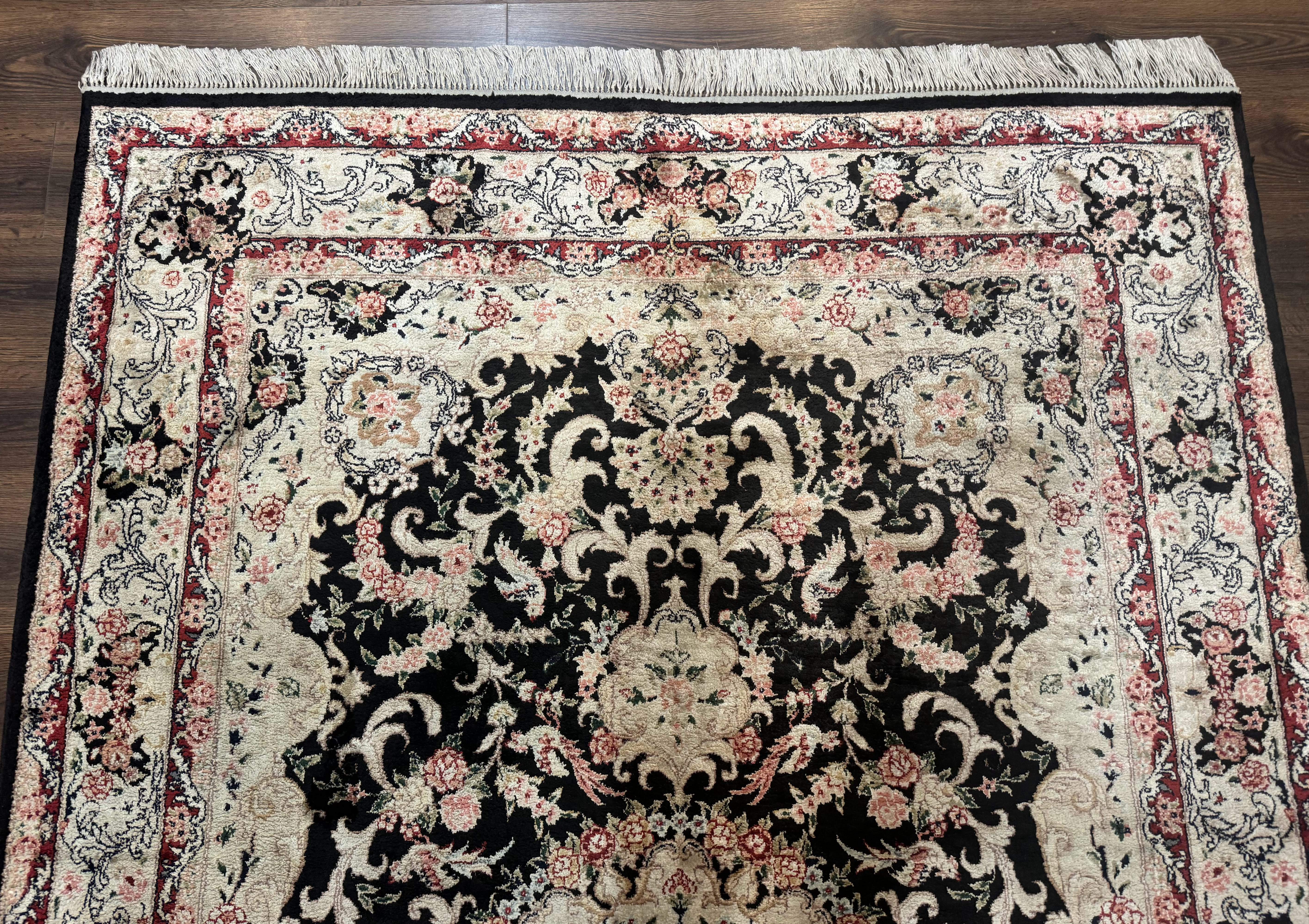 Indian Kashmiri Silk Rug, Floral Medallion, Vintage Hand Knotted Carpet - Jewel Rugs