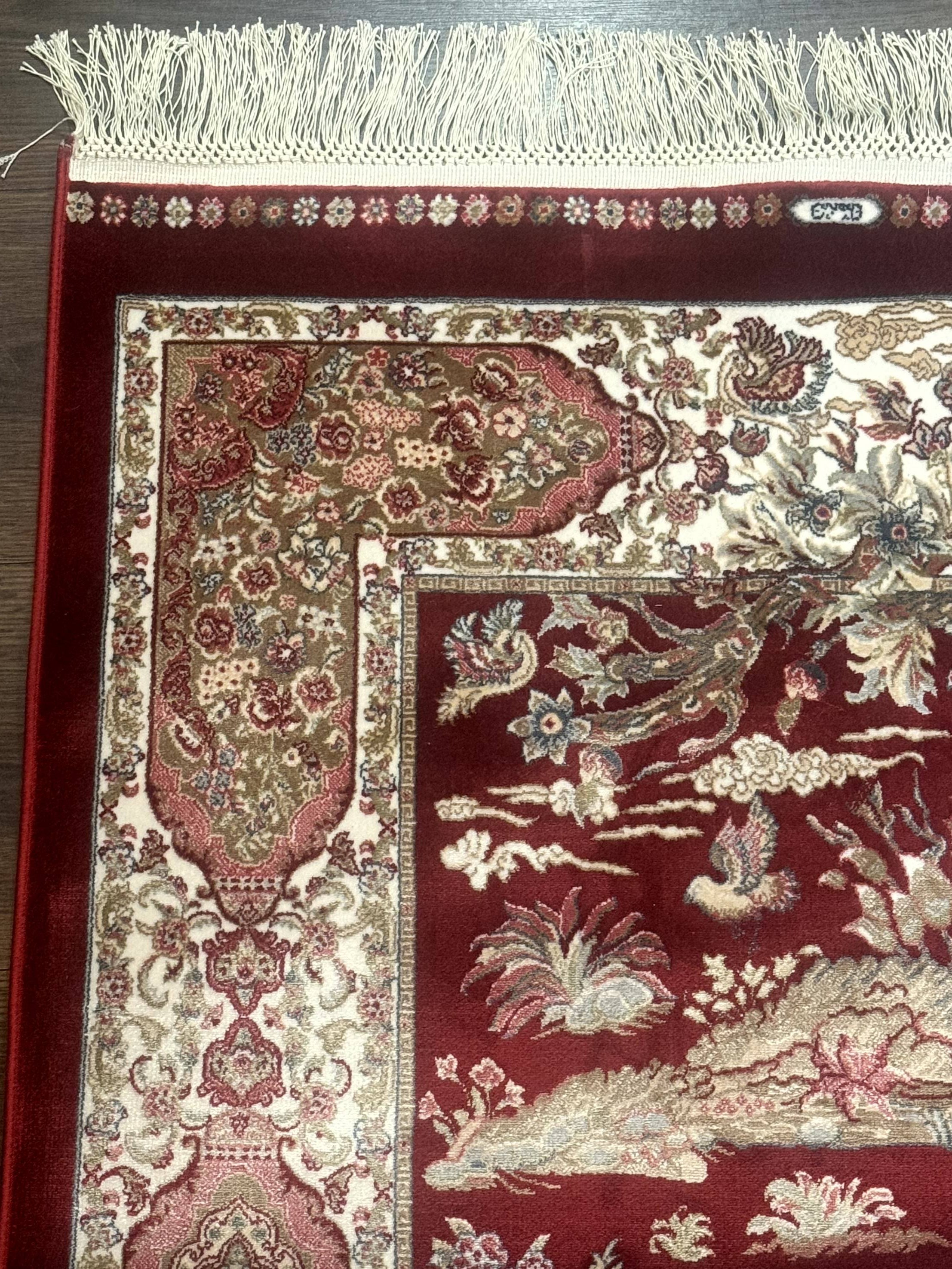 Turkish Silk Rug 2.6 x 6.7, Hunting Design, Short Runner Rug, Red & Ivory, Bamboo Silk, New - Jewel Rugs