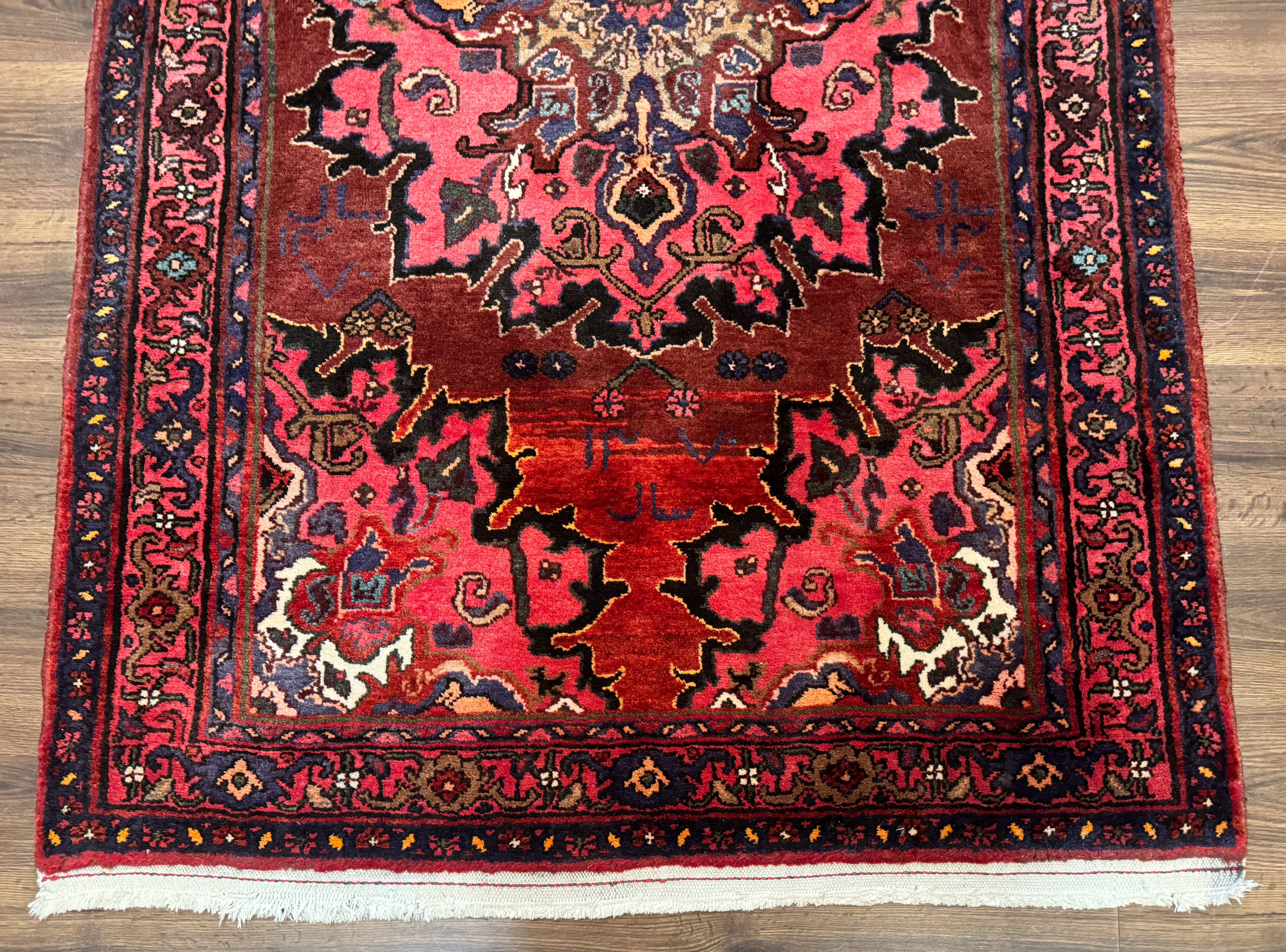Persian Hamadan Rug 4x7, Red Pink Navy Blue, Vintage, Large Medallion, Village Tribal Carpet - Jewel Rugs