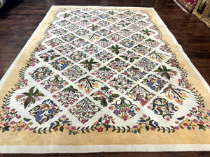 Power Loomed Rug 8x11, Ivory and Multicolor Floral Panel Pattern, Flowers, Butterflies, Vintage