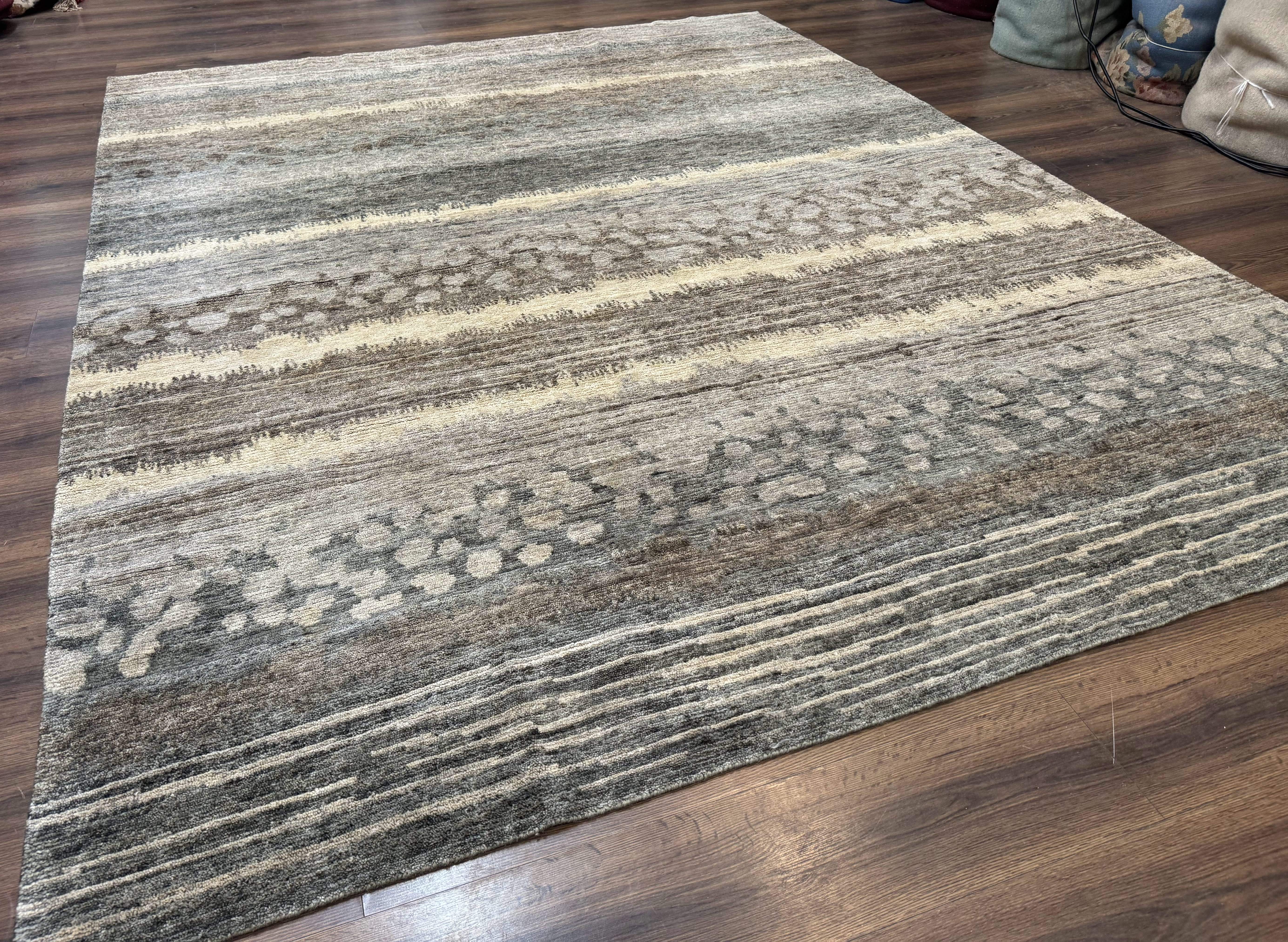 Modern Tibetan Wool Rug 8x10, Abstract, Contemporary, Handmade, Gray, Stripes - Jewel Rugs