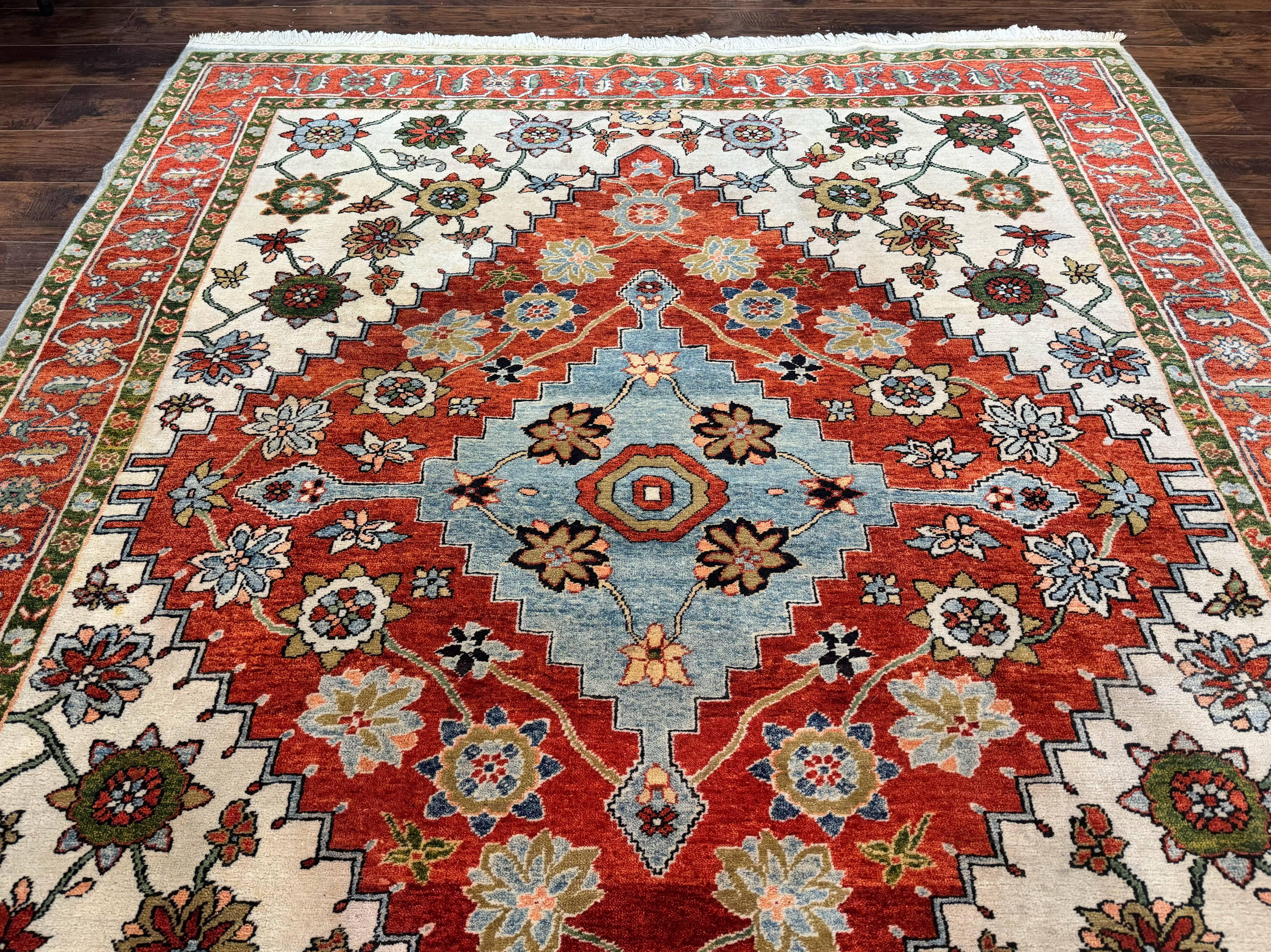 Indo Persian Heriz Rug 7x9, Geometric Pattern, Cream & Light Red, Handmade Vintage Wool Carpet - Jewel Rugs