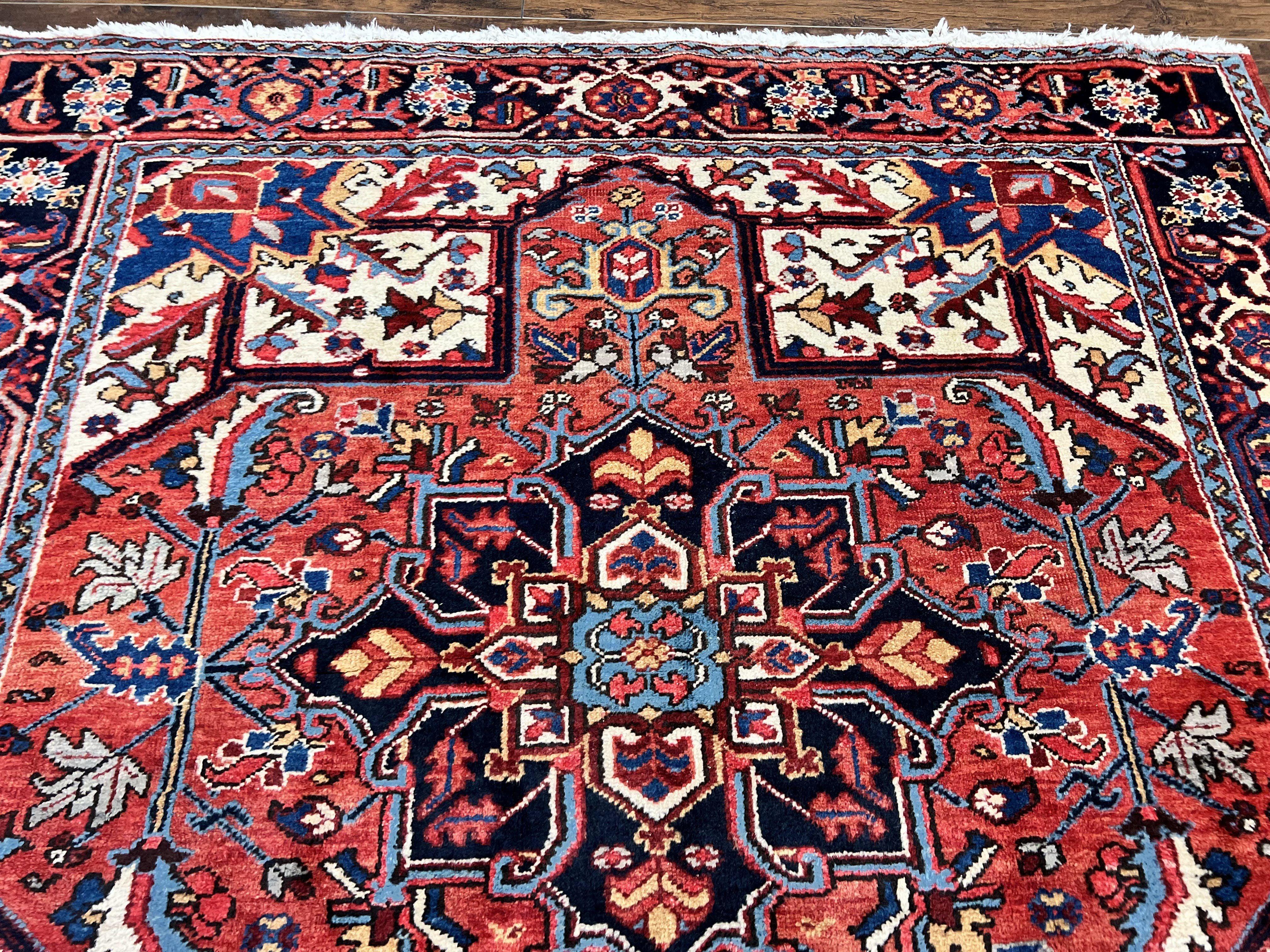 Persian Heriz Square Rug 6x6, Wool Hand Knotted Antique Carpet, Red Ivory & Navy Blue, Geometric Design Oriental Rug 6ft Square Handmade Rug - Jewel Rugs