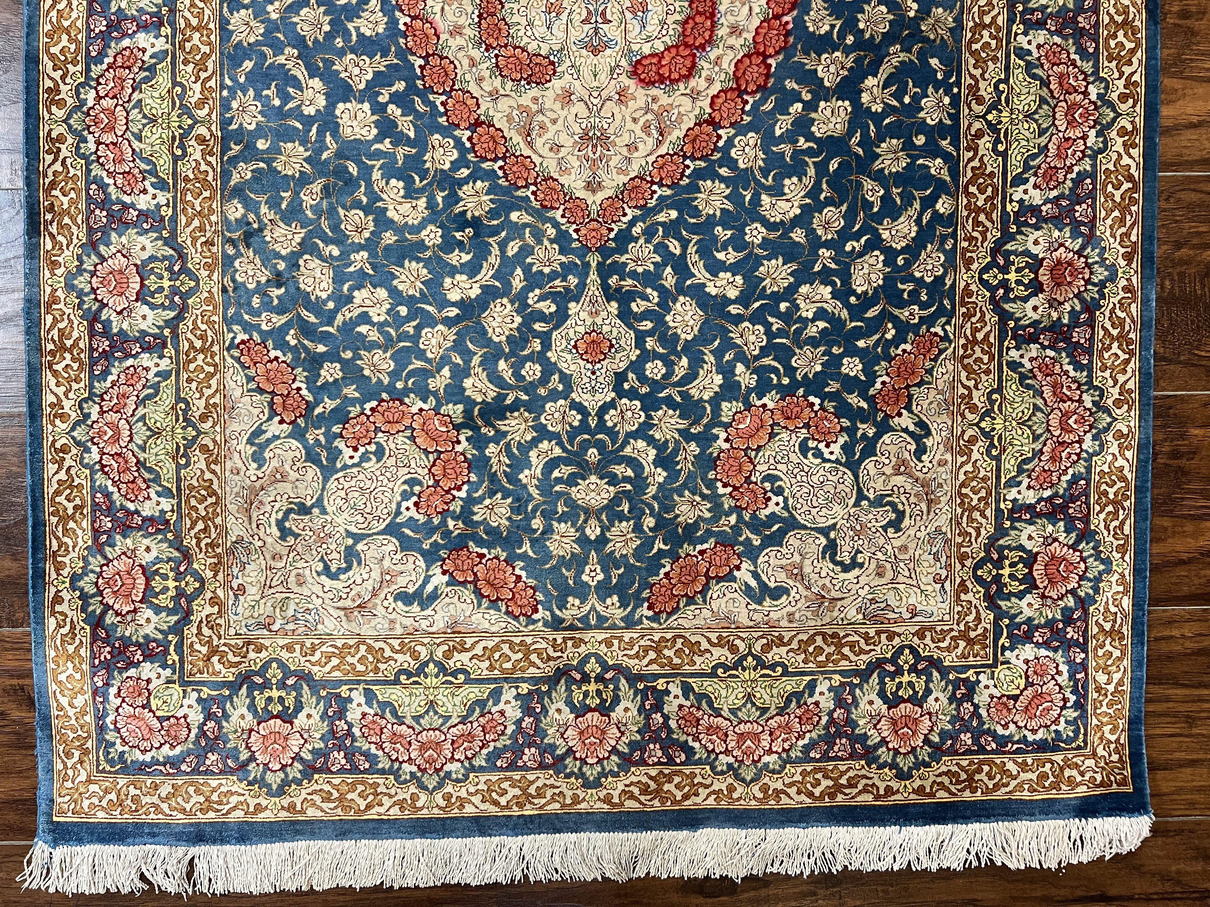 Magnificent Persian Qum Silk Rug 3x5, Blue, Super Fine 675 KPSI - 70 Raj, Floral Roses, Handmade Vintage Silk Carpet, Masterpiece - Jewel Rugs
