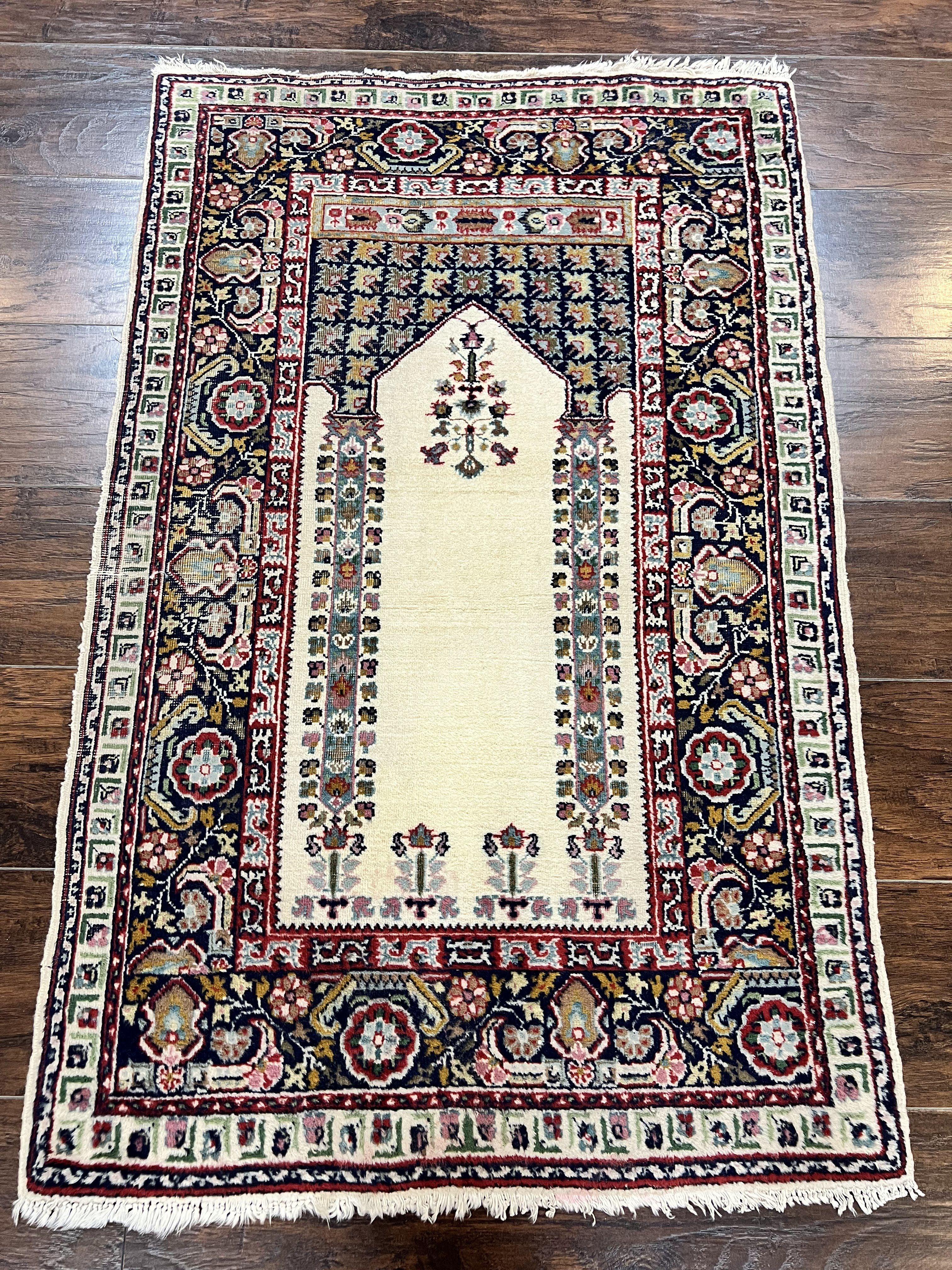 Turkish Prayer Rug 2.5 x 4, Vintage Wool Hand Knotted Carpet, Ivory - Jewel Rugs