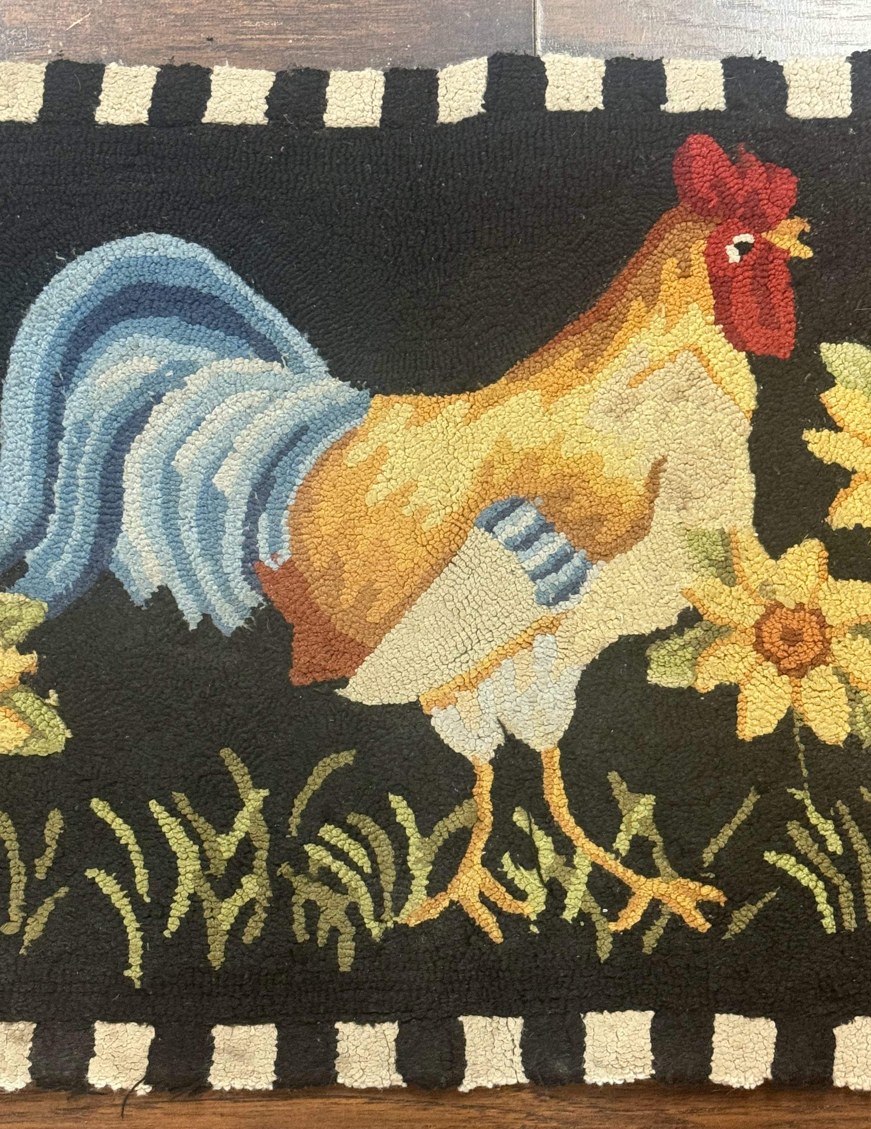 Vintage Hooked Rooster Rug 2x3, Black - Jewel Rugs