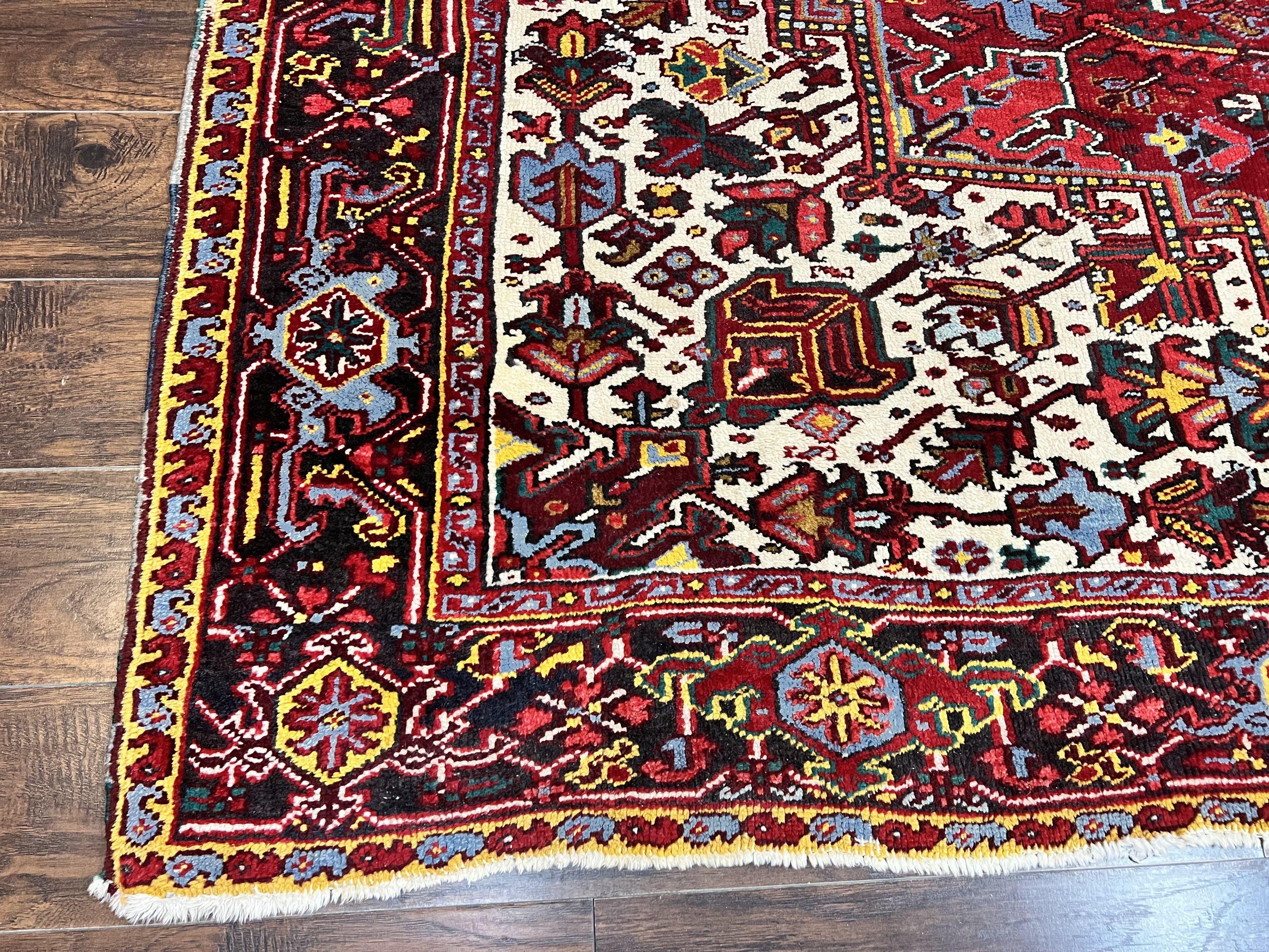 Persian Heriz Rug 10x13, Wool Hand Knotted Vintage Carpet, Geometric Medallion Tribal Oriental Rug, Red & Ivory, 10 x 13 Large Sized Rug - Jewel Rugs