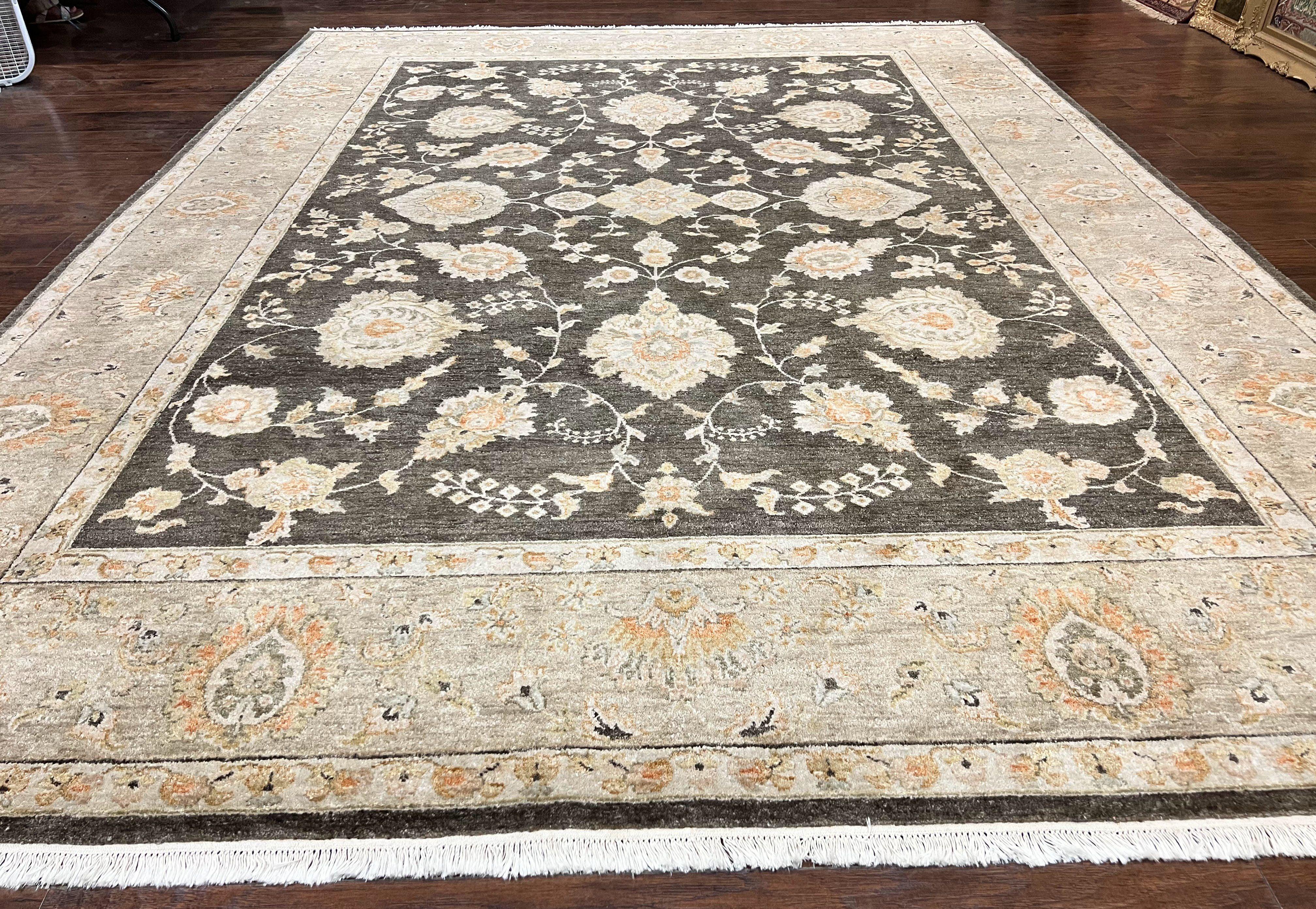 Indo Persian Rug 9x12, Sultanabad Indian Carpet, Dark Brown, Hand Knotted Vintage Wool Rug - Jewel Rugs