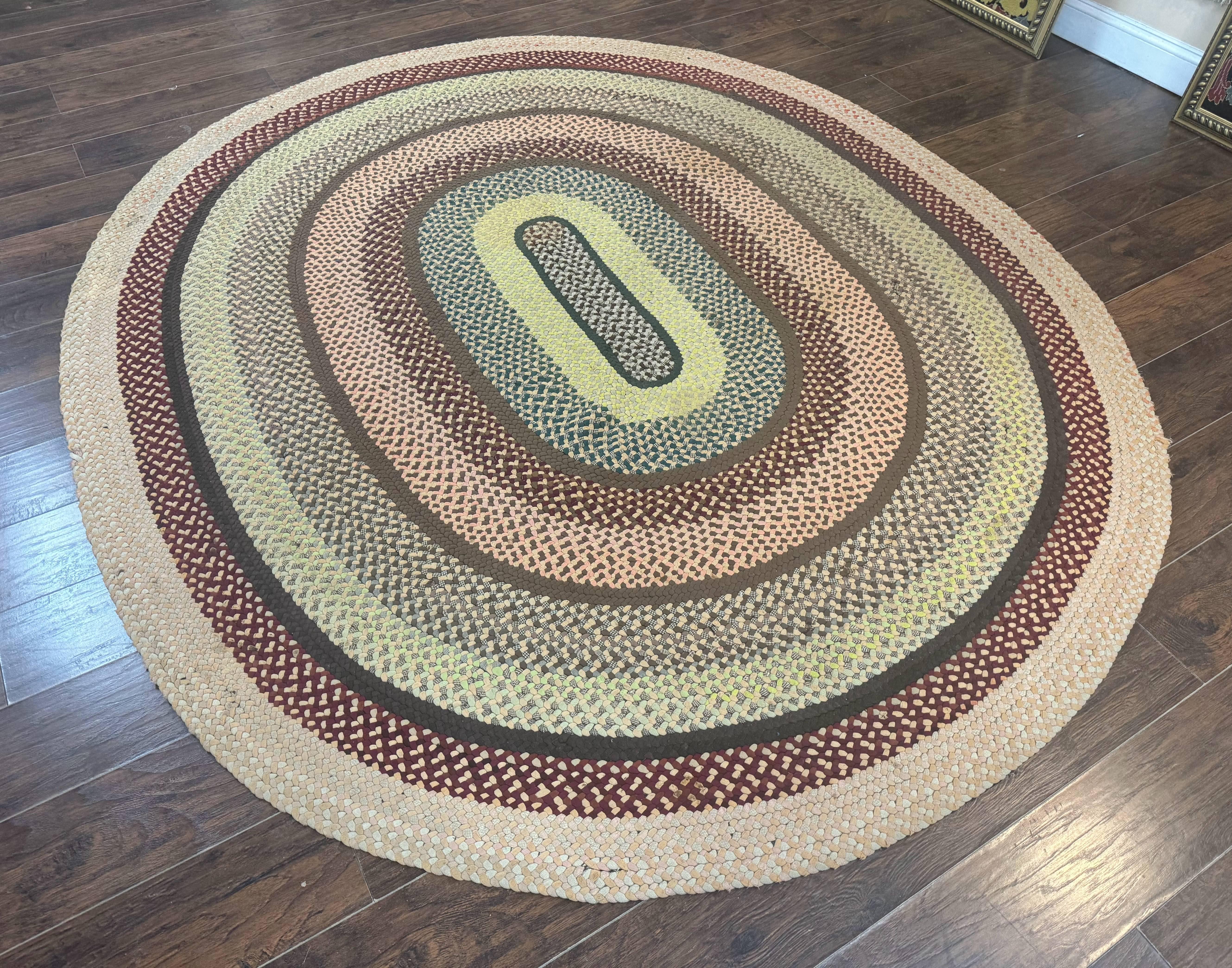 American Oval Braided Rug 7.5 x 9, Vintage Hand Braided Multicolor Large Oval Carpet - Jewel Rugs