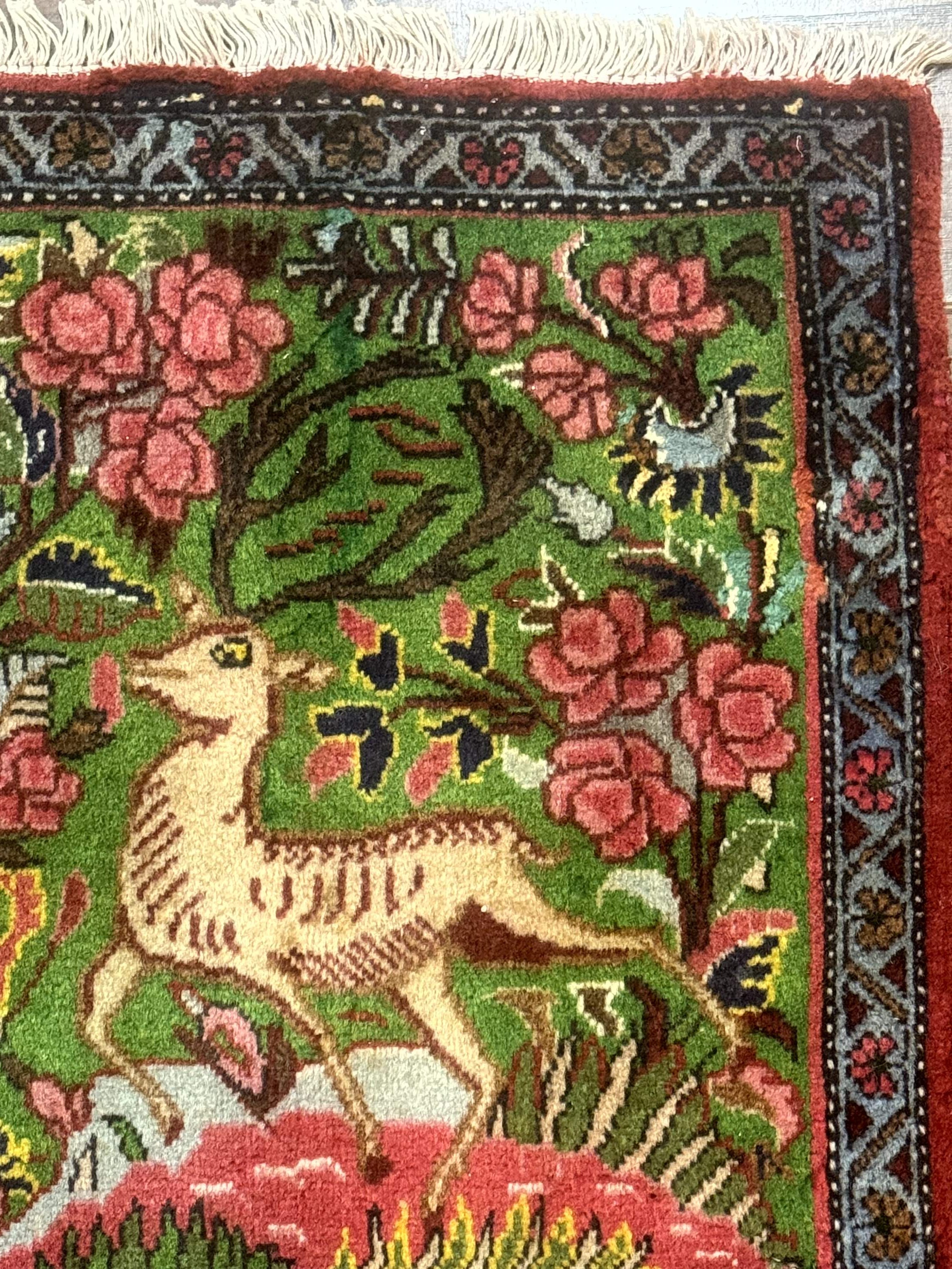 Small Persian Sarouk Rug, Deer Pictorials, Green, Hand Knotted, Fine - Jewel Rugs